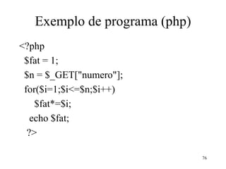 Exemplo de programa (php)
<?php
$fat = 1;
$n = $_GET["numero"];
for($i=1;$i<=$n;$i++)
$fat*=$i;
echo $fat;
?>
76
 