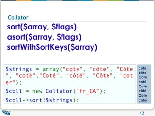 Collator $strings  = array( "cote" ,  "côte" ,  "Côte" ,  "coté" , "Coté" ,  "côté" ,  "Côté" ,  "coter" ); $coll  = new  Collator ( "fr_CA" );  $coll -> sort ( $strings );   cote côte Côte coté Coté côté Côté coter sort($array, $flags) asort($array, $flags) sortWithSortKeys($array) 