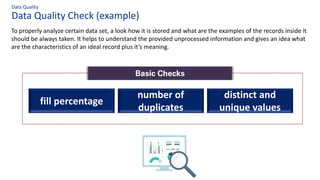 Data Quality Check (example)
Data Quality
To properly analyze certain data set, a look how it is stored and what are the examples of the records inside it
should be always taken. It helps to understand the provided unprocessed information and gives an idea what
are the characteristics of an ideal record plus it’s meaning.
Basic Checks
fill percentage
number of
duplicates
distinct and
unique values
 