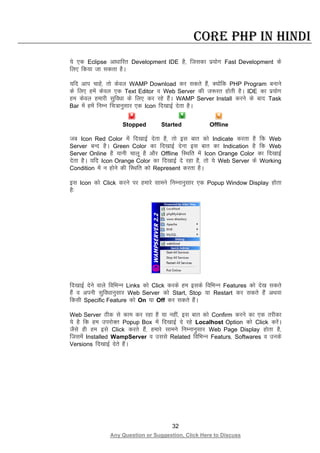 32
Any Question or Suggestion, Click Here to Discuss
Core PHP in Hindi
;s ,d Eclipse vk/kkfjr Development IDE gS] ftldk iz;ksx Fast Development ds
fy, fd;k tk ldrk gSA
;fn vki pkgsa] rks dsoy WAMP Download dj ldrs gSa] D;ksafd PHP Program cukus
ds fy, gesa dsoy ,d Text Editor o Web Server dh t:jr gksrh gSA IDE dk iz;ksx
ge dsoy gekjh lqfo/kk ds fy, dj jgs gSaA WAMP Server Install djus ds ckn Task
Bar esa gesa fuEu fp=kuqlkj ,d Icon fn[kkbZ nsrk gSA
Stopped Started Offline
tc Icon Red Color esa fn[kkbZ nsrk gS] rks bl ckr dks Indicate djrk gS fd Web
Server cUn gSA Green Color dk fn[kkbZ nsuk bl ckr dk Indication gS fd Web
Server Online gS ;kuh pkyw gS vkSj Offline fLFkfr esa Icon Orange Color dk fn[kkbZ
nsrk gSA ;fn Icon Orange Color dk fn[kkbZ ns jgk gS] rks ;s Web Server ds Working
Condition esa u gksus dh fLFkfr dks Represent djrk gSA
bl Icon dks Click djus ij gekjs lkeus fuEukuqlkj ,d Popup Window Display gksrk
gS%
fn[kkbZ nsus okys fofHkUu Links dks Click djds ge blds fofHkUu Features dks ns[k ldrs
gSa o viuh lqfo/kkuqlkj Web Server dks Start, Stop ;k Restart dj ldrs gSa vFkok
fdlh Specific Feature dks On ;k Off dj ldrs gSaA
Web Server Bhd ls dke dj jgk gS ;k ugha] bl ckr dks Confirm djus dk ,d rjhdk
;s gS fd ge mijksDr Popup Box esa fn[kkbZ ns jgs Localhost Option dks Click djsaA
tSls gh ge bls Click djrs gSa] gekjs lkeus fuEukuqlkj Web Page Display gksrk gS]
ftlesa Installed WampServer o mlls Related fofHkUu Featurs] Softwares o muds
Versions fn[kkbZ nsrs gSaA
 
