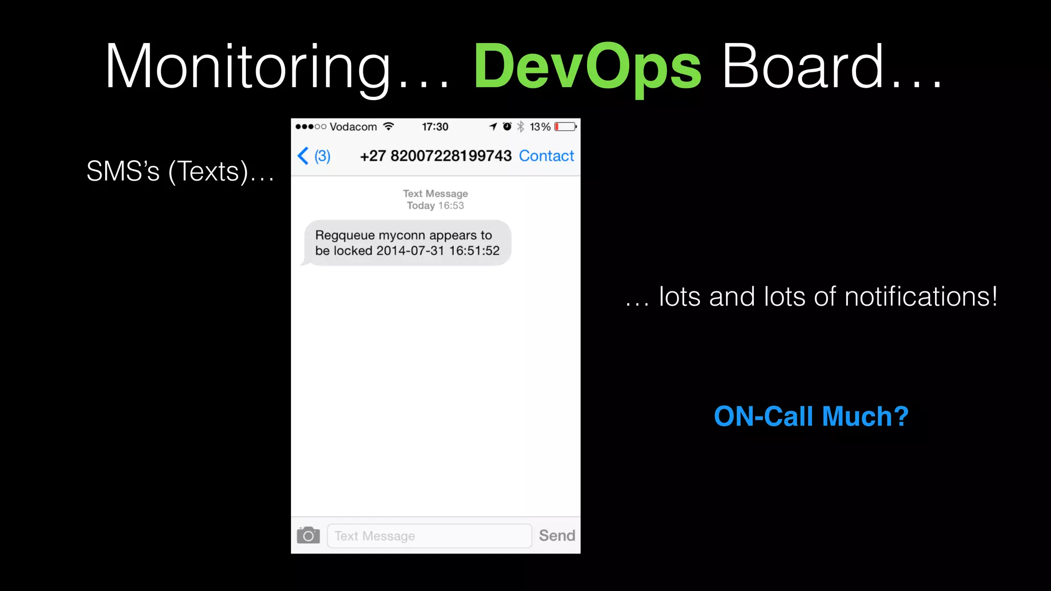 Monitoring… DevOps Board…
SMS’s (Texts)…
… lots and lots of notiﬁcations!
ON-Call Much?
 