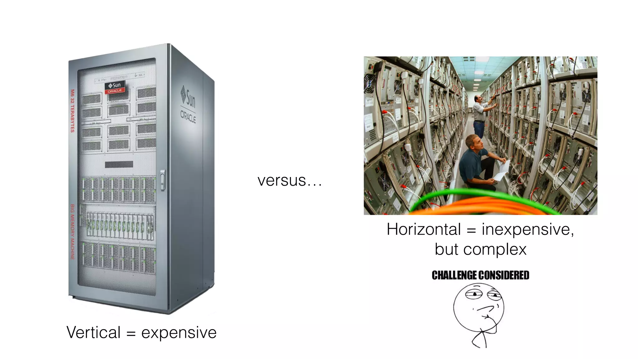 versus…
Vertical = expensive
Horizontal = inexpensive,
but complex
 