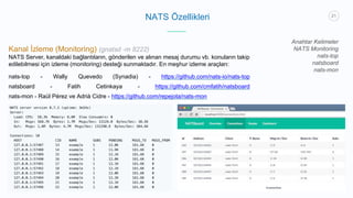 21
NATS Özellikleri
Anahtar Kelimeler
NATS Monitoring
nats-top
natsboard
nats-mon
Kanal İzleme (Monitoring) (gnatsd -m 822...
