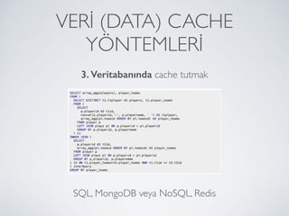 VERİ (DATA) CACHE
YÖNTEMLERİ
3. Veritabanında cache tutmak
SQL, MongoDB veya NoSQL, Redis
 