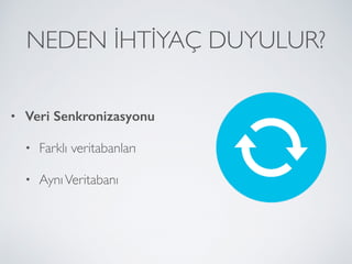 NEDEN İHTİYAÇ DUYULUR?
• Veri Senkronizasyonu
• Farklı veritabanları
• AynıVeritabanı
 