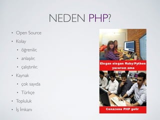NEDEN PHP?
• Open Source
• Kolay
• öğrenilir,
• anlaşılır,
• çalıştırılır,
• Kaynak
• çok sayıda
• Türkçe
• Topluluk
• İş İmkanı
 