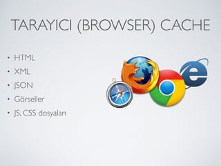 TARAYICI (BROWSER) CACHE
• HTML
• XML
• JSON
• Görseller
• JS, CSS dosyaları
 