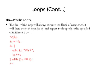 Loops (Cont…)
do...while Loop
• The do...while loop will always execute the block of code once, it
will then check the condition, and repeat the loop while the specified
condition is true.
<?php
$x = 10;
do {
echo $x ."<br>";
$x++;
} while ($x <= 5);
?>
 