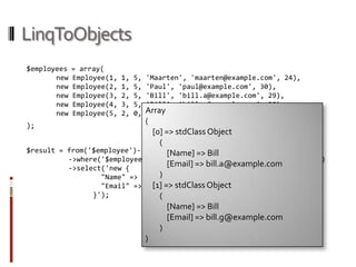 PHPLinqPHP LanguageIntegrated QueryPHP userlandlibrary1 query languageMultiple providersFeaturingAnonymous typesObject initializerLambdaexpressions