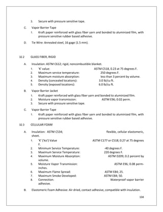 104
3. Secure with pressure sensitive tape.
C. Vapor Barrier Tape
1. Kraft paper reinforced with glass fiber yarn and bonded to aluminized film, with
pressure sensitive rubber based adhesive.
D. Tie Wire: Annealed steel, 16 gage (1.5 mm).
32.2 GLASS FIBER, RIGID
A. Insulation: ASTM C612; rigid, noncombustible blanket.
1. 'K' value: ASTM C518, 0.23 at 75 degrees F.
2. Maximum service temperature: 250 degrees F.
3. Maximum moisture absorption: less than 3 percent by volume.
4. Density (concealed locations): 3.0 lb/cu ft.
5. Density (exposed locations): 6.0 lb/cu ft.
B. Vapor Barrier Jacket
1. Kraft paper reinforced with glass fiber yarn and bonded to aluminized film.
2. Moisture vapor transmission: ASTM E96; 0.02 perm.
3. Secure with pressure sensitive tape.
C. Vapor Barrier Tape
1. Kraft paper reinforced with glass fiber yarn and bonded to aluminized film, with
pressure sensitive rubber based adhesive.
32.3 CELLULAR FOAM
A. Insulation: ASTM C534; flexible, cellular elastomeric,
sheet.
1. 'K' ('ksi') Value ASTM C177 or C518; 0.27 at 75 degrees
F.
2. Minimum Service Temperature: -40 degrees F.
3. Maximum Service Temperature: 220 degrees F.
4. Maximum Moisture Absorption: ASTM D209; 0.2 percent by
volume.
5. Moisture Vapor Transmission: ASTM E96; 0.08 perm-
inches.
6. Maximum Flame Spread: ASTM E84; 25.
7. Maximum Smoke Developed: ASTM E84; 50.
8. Connection: Waterproof vapor barrier
adhesive.
B. Elastomeric Foam Adhesive: Air dried, contact adhesive, compatible with insulation.
 