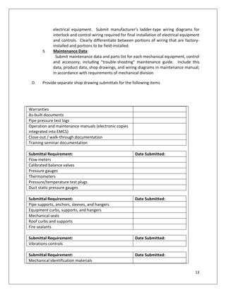 13
electrical equipment. Submit manufacturer's ladder-type wiring diagrams for
interlock and control wiring required for final installation of electrical equipment
and controls. Clearly differentiate between portions of wiring that are factory-
installed and portions to be field-installed.
5. Maintenance Data:
Submit maintenance data and parts list for each mechanical equipment, control
and accessory; including "trouble-shooting" maintenance guide. Include this
data, product data, shop drawings, and wiring diagrams in maintenance manual;
in accordance with requirements of mechanical division
D. Provide separate shop drawing submittals for the following items
Warranties
As-built documents
Pipe pressure test logs
Operation and maintenance manuals (electronic copies
integrated into EMCS)
Close-out / walk-through documentation
Training seminar documentation
Submittal Requirement: Date Submitted:
Flow meters
Calibrated balance valves
Pressure gauges
Thermometers
Pressure/temperature test plugs
Duct static pressure gauges
Submittal Requirement: Date Submitted:
Pipe supports, anchors, sleeves, and hangers
Equipment curbs, supports, and hangers
Mechanical seals
Roof curbs and supports
Fire sealants
Submittal Requirement: Date Submitted:
Vibrations controls
Submittal Requirement: Date Submitted:
Mechanical identification materials
 