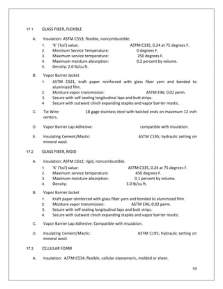 59
17.1 GLASS FIBER, FLEXIBLE
A. Insulation: ASTM C553; flexible, noncombustible.
1. 'K' ('ksi') value: ASTM C335, 0.24 at 75 degrees F.
2. Minimum Service Temperature: 0 degrees F.
3. Maximum service temperature: 250 degrees F.
4. Maximum moisture absorption: 0.2 percent by volume.
5. Density: 2.0 lb/cu ft.
B. Vapor Barrier Jacket
1. ASTM C921, kraft paper reinforced with glass fiber yarn and bonded to
aluminized film.
2. Moisture vapor transmission: ASTM E96; 0.02 perm.
3. Secure with self-sealing longitudinal laps and butt strips.
4. Secure with outward clinch expanding staples and vapor barrier mastic.
C. Tie Wire: 18 gage stainless steel with twisted ends on maximum 12 inch
centers.
D. Vapor Barrier Lap Adhesive: compatible with insulation.
E. Insulating Cement/Mastic: ASTM C195; hydraulic setting on
mineral wool.
17.2 GLASS FIBER, RIGID
A. Insulation: ASTM C612; rigid, noncombustible.
1. 'K' ('ksi') value: ASTM C335, 0.24 at 75 degrees F.
2. Maximum service temperature: 450 degrees F.
3. Maximum moisture absorption: 0.1 percent by volume.
4. Density: 3.0 lb/cu ft.
B. Vapor Barrier Jacket
1. Kraft paper reinforced with glass fiber yarn and bonded to aluminized film.
2. Moisture vapor transmission: ASTM E96; 0.02 perm.
3. Secure with self sealing longitudinal laps and butt strips.
4. Secure with outward clinch expanding staples and vapor barrier mastic.
C. Vapor Barrier Lap Adhesive: Compatible with insulation.
D. Insulating Cement/Mastic: ASTM C195; hydraulic setting on
mineral wool.
17.3 CELLULAR FOAM
A. Insulation: ASTM C534; flexible, cellular elastomeric, molded or sheet.
 