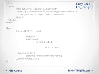 <html>
<body>
<form action="for_loop.php" method="post">
Enter any number less than 10000:<input type="text" name="x"/>
<input type="submit" name="submit" value="Go"/>
</form>
</body>
</html>
<?php
if (empty($_POST)===false)
{
$x=$_POST['x'];
if ($x<10000){
for ($i=1; $i<=$x; $i++)
{
echo $i . "<br>";
}
}//end of nested if
else{echo "You entered invalid value";}
}//end of empty($_POST)
?>
Copy Code
For_loop.php
PHP Course Info@ITBigDig.com
 