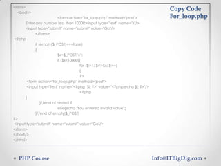 <html>
<body>
<form action="for_loop.php" method="post">
Enter any number less than 10000:<input type="text" name="x"/>
<input type="submit" name="submit" value="Go"/>
</form>
<?php
if (empty($_POST)===false)
{
$x=$_POST['x'];
if ($x<10000){
for ($i=1; $i<=$x; $i++)
{
?>
<form action="for_loop.php" method="post">
<input type="text" name="<?php $i; ?>" value="<?php echo $i; ?>"/>
<?php
}
}//end of nested if
else{echo "You entered invalid value";}
}//end of empty($_POST)
?>
<input type="submit" name="submit" value="Go"/>
</form>
</body>
</html>
Copy Code
For_loop.php
PHP Course Info@ITBigDig.com
 
