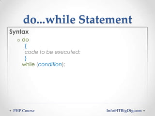 do...while Statement
Syntax
o do
{
code to be executed;
}
while (condition);
PHP Course Info@ITBigDig.com
 