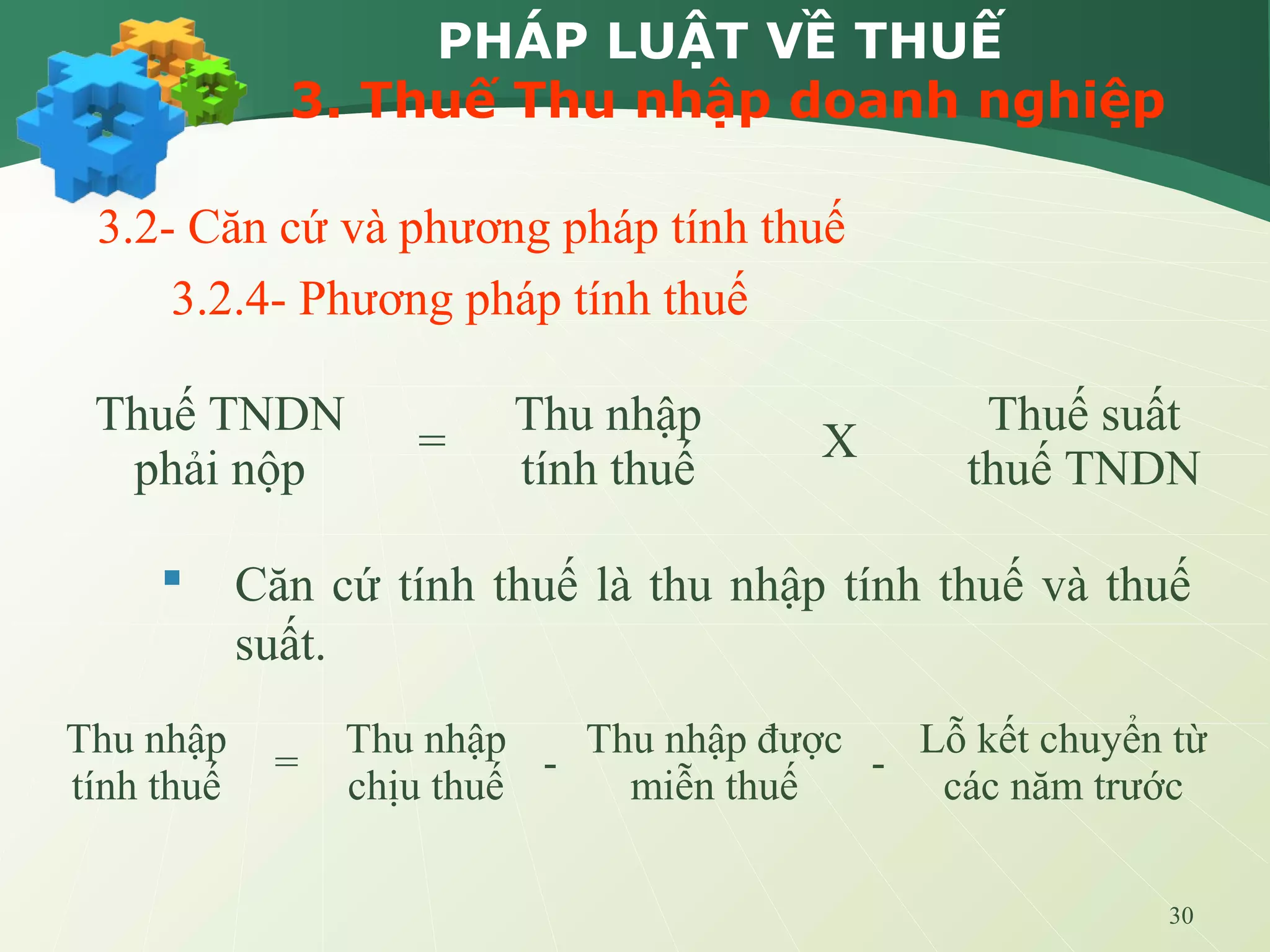 30
PHÁP LUẬT VỀ THUẾ
3. Thuế Thu nhập doanh nghiệp
3.2- Căn cứ và phương pháp tính thuế
3.2.4- Phương pháp tính thuế
 Căn cứ tính thuế là thu nhập tính thuế và thuế
suất.
Thuế TNDN
phải nộp
=
Thu nhập
tính thuế
X
Thuế suất
thuế TNDN
Thu nhập
tính thuế
=
Thu nhập
chịu thuế
-
Thu nhập được
miễn thuế
-
Lỗ kết chuyển từ
các năm trước
 