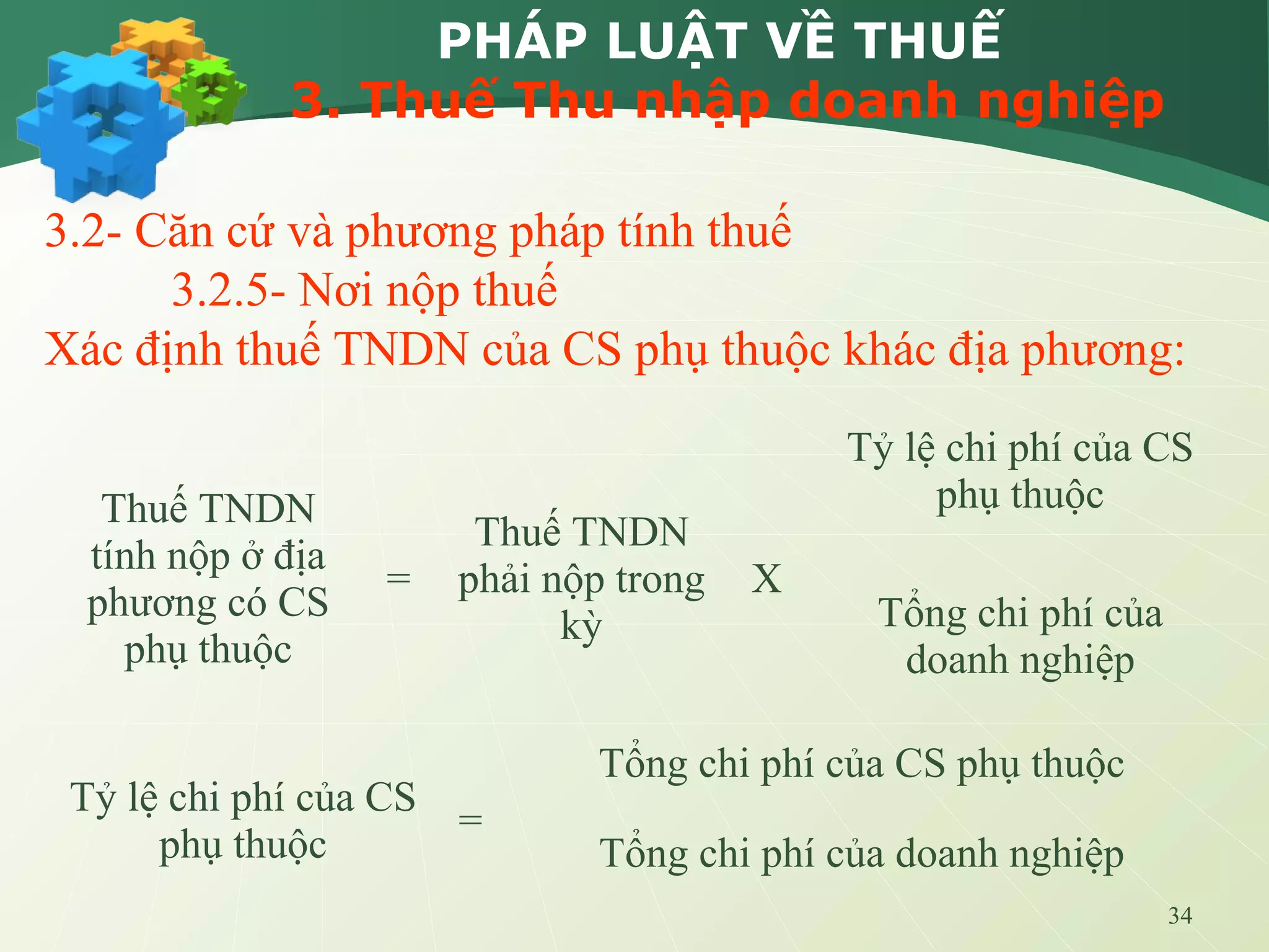 34
Thuế TNDN
tính nộp ở địa
phương có CS
phụ thuộc
=
Thuế TNDN
phải nộp trong
kỳ
X
Tỷ lệ chi phí của CS
phụ thuộc
Tổng chi phí của
doanh nghiệp
Tỷ lệ chi phí của CS
phụ thuộc
=
Tổng chi phí của CS phụ thuộc
Tổng chi phí của doanh nghiệp
3.2- Căn cứ và phương pháp tính thuế
3.2.5- Nơi nộp thuế
Xác định thuế TNDN của CS phụ thuộc khác địa phương:
PHÁP LUẬT VỀ THUẾ
3. Thuế Thu nhập doanh nghiệp
 