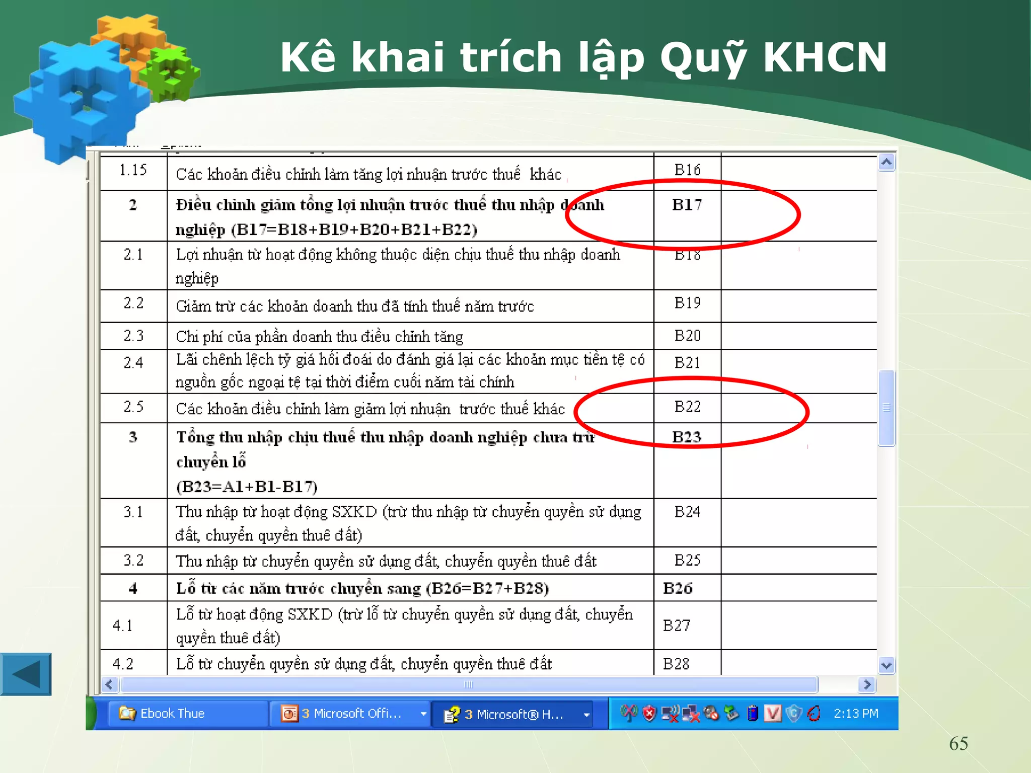 65
Kê khai trích lập Quỹ KHCN
 