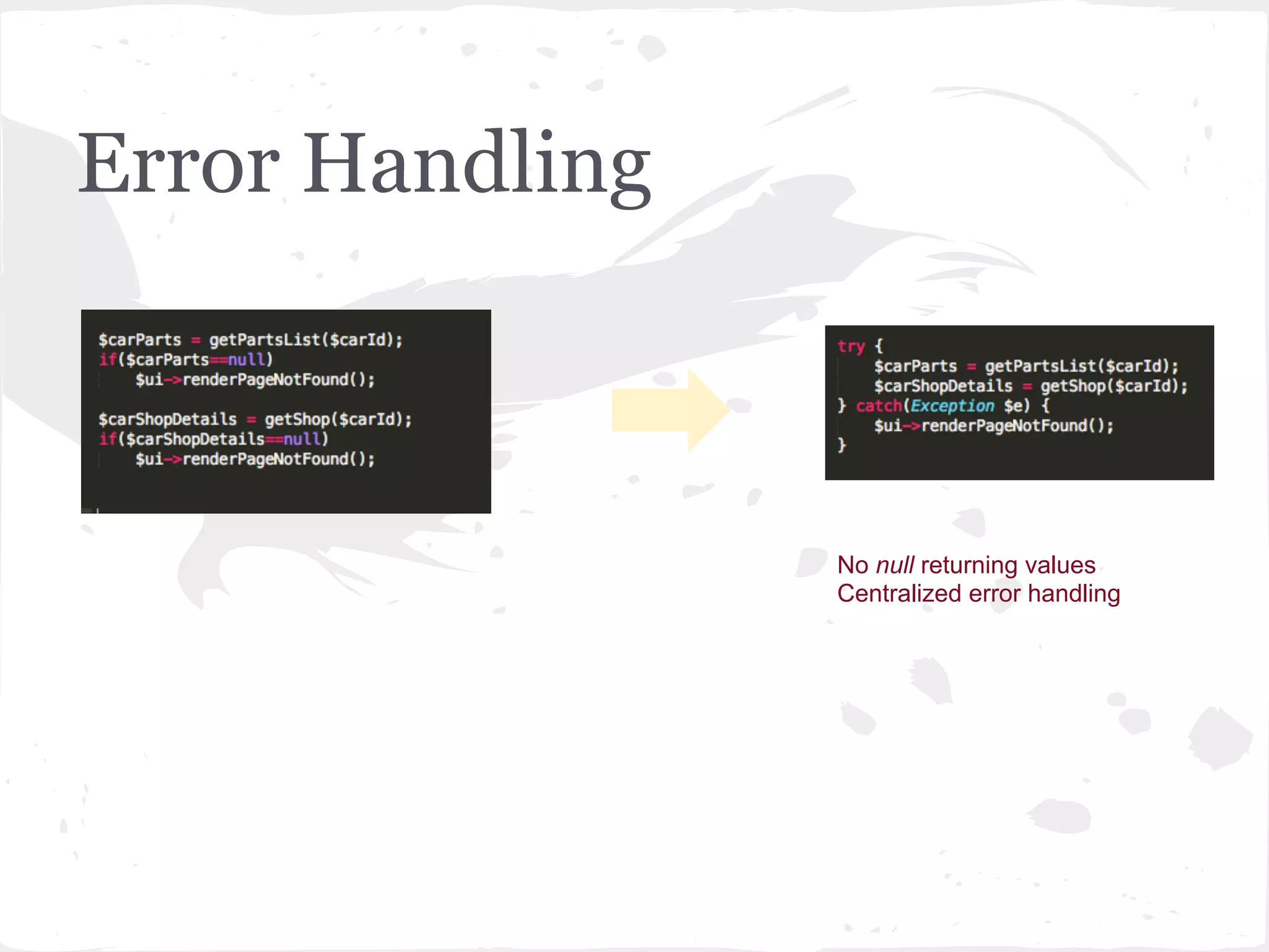 Error Handling
No null returning values
Centralized error handling
 