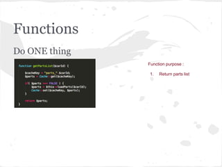 Functions
Do ONE thing
Function purpose :
1. Return parts list
 
