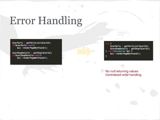 Error Handling
No null returning values
Centralized error handling
 