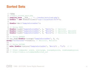 1999 - 2013 DRI. Some Rights Reserved. 11
Sorted Sets
1 <?php
2 //redis_sorted_sets.php
3 require_once __DIR__ . '/../vendor/autoload.php';
4 $redis = new PredisClient('tcp://localhost:6379');
5
6 $redis->del('SampleSortedSet');
7
8 // Using SADD
9 $redis->zadd('SampleSortedSet', 1, 'Hello'); // Hello(1)
10 $redis->zadd('SampleSortedSet', 2, 'World'); // Hello(1), World(2)
11 $redis->zadd('SampleSortedSet', 3, 'World'); // Hello(1), World(3)
12
13 // Using ZRANGE
14 var_dump($redis->zrange('SampleSortedSet', 0, -1,
array('withscores'=>true))); // Hello(1), World(3)
15
16 // Using ZSCORE
17 echo $redis->zscore('SampleSortedSet', 'World') . "n"; // 3
18
19 // Other commands: zrank, zrevrange, zrangebyscore, zremrangebyscore
20 // http://redis.io/commands#sorted_set
 