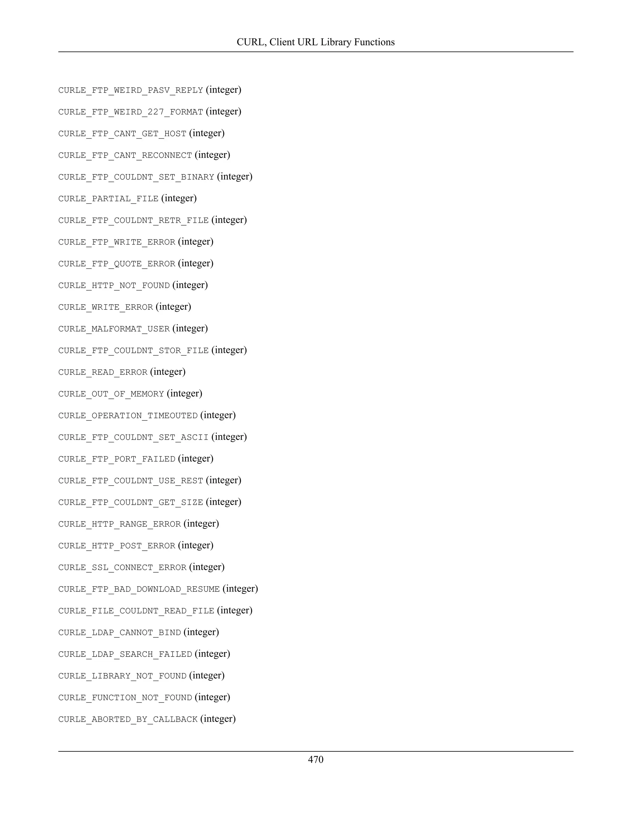 CURLE_FTP_WEIRD_PASV_REPLY (integer)
CURLE_FTP_WEIRD_227_FORMAT (integer)
CURLE_FTP_CANT_GET_HOST (integer)
CURLE_FTP_CANT_RECONNECT (integer)
CURLE_FTP_COULDNT_SET_BINARY (integer)
CURLE_PARTIAL_FILE (integer)
CURLE_FTP_COULDNT_RETR_FILE (integer)
CURLE_FTP_WRITE_ERROR (integer)
CURLE_FTP_QUOTE_ERROR (integer)
CURLE_HTTP_NOT_FOUND (integer)
CURLE_WRITE_ERROR (integer)
CURLE_MALFORMAT_USER (integer)
CURLE_FTP_COULDNT_STOR_FILE (integer)
CURLE_READ_ERROR (integer)
CURLE_OUT_OF_MEMORY (integer)
CURLE_OPERATION_TIMEOUTED (integer)
CURLE_FTP_COULDNT_SET_ASCII (integer)
CURLE_FTP_PORT_FAILED (integer)
CURLE_FTP_COULDNT_USE_REST (integer)
CURLE_FTP_COULDNT_GET_SIZE (integer)
CURLE_HTTP_RANGE_ERROR (integer)
CURLE_HTTP_POST_ERROR (integer)
CURLE_SSL_CONNECT_ERROR (integer)
CURLE_FTP_BAD_DOWNLOAD_RESUME (integer)
CURLE_FILE_COULDNT_READ_FILE (integer)
CURLE_LDAP_CANNOT_BIND (integer)
CURLE_LDAP_SEARCH_FAILED (integer)
CURLE_LIBRARY_NOT_FOUND (integer)
CURLE_FUNCTION_NOT_FOUND (integer)
CURLE_ABORTED_BY_CALLBACK (integer)
CURL, Client URL Library Functions
470
 