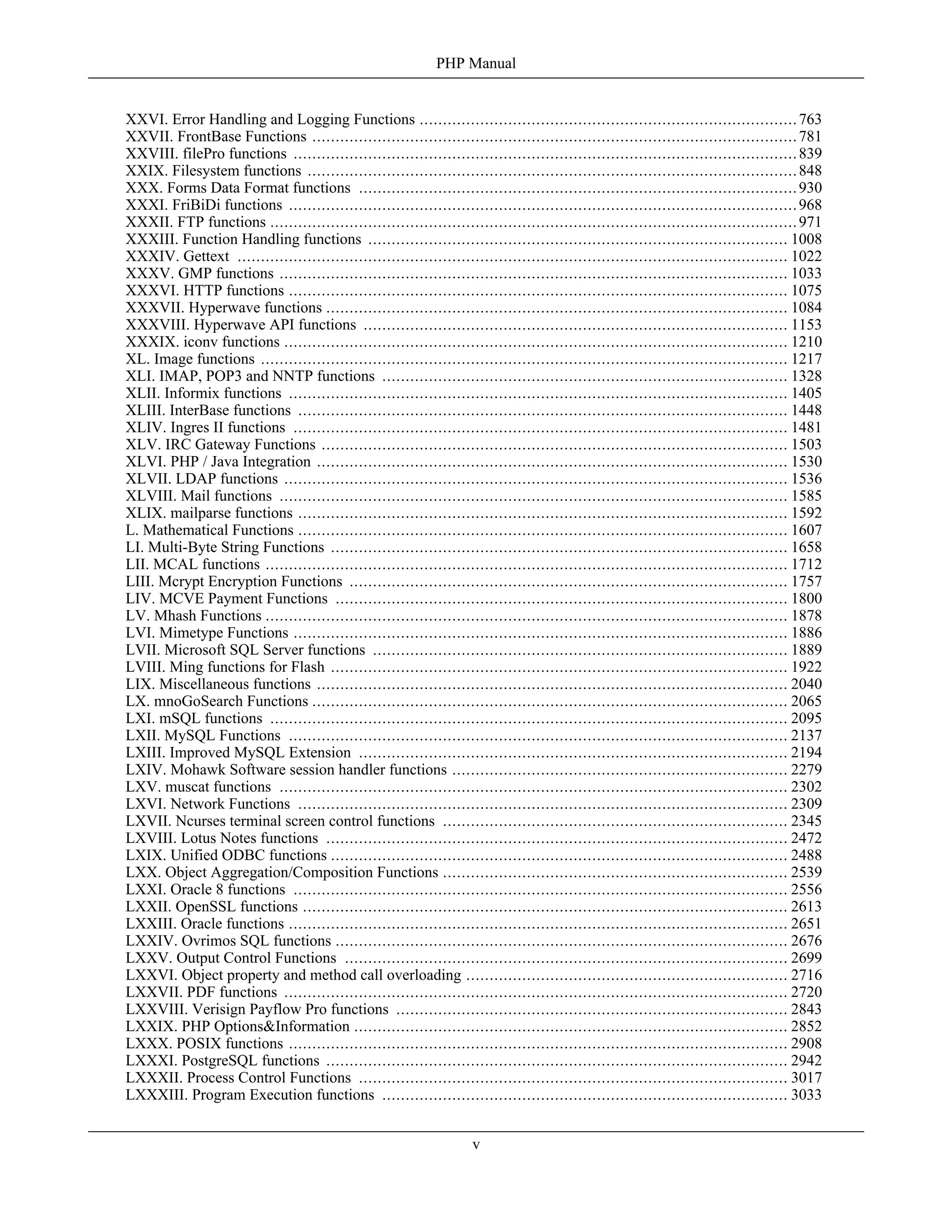 XXVI. Error Handling and Logging Functions .................................................................................763
XXVII. FrontBase Functions ........................................................................................................781
XXVIII. filePro functions ............................................................................................................839
XXIX. Filesystem functions .........................................................................................................848
XXX. Forms Data Format functions ..............................................................................................930
XXXI. FriBiDi functions .............................................................................................................968
XXXII. FTP functions .................................................................................................................971
XXXIII. Function Handling functions .......................................................................................... 1008
XXXIV. Gettext ...................................................................................................................... 1022
XXXV. GMP functions ............................................................................................................. 1033
XXXVI. HTTP functions ........................................................................................................... 1075
XXXVII. Hyperwave functions ................................................................................................... 1084
XXXVIII. Hyperwave API functions ........................................................................................... 1153
XXXIX. iconv functions ............................................................................................................ 1210
XL. Image functions ................................................................................................................. 1217
XLI. IMAP, POP3 and NNTP functions ....................................................................................... 1328
XLII. Informix functions ........................................................................................................... 1405
XLIII. InterBase functions ......................................................................................................... 1448
XLIV. Ingres II functions .......................................................................................................... 1481
XLV. IRC Gateway Functions .................................................................................................... 1503
XLVI. PHP / Java Integration ..................................................................................................... 1530
XLVII. LDAP functions ............................................................................................................ 1536
XLVIII. Mail functions ............................................................................................................. 1585
XLIX. mailparse functions ......................................................................................................... 1592
L. Mathematical Functions ......................................................................................................... 1607
LI. Multi-Byte String Functions .................................................................................................. 1658
LII. MCAL functions ................................................................................................................ 1712
LIII. Mcrypt Encryption Functions .............................................................................................. 1757
LIV. MCVE Payment Functions ................................................................................................. 1800
LV. Mhash Functions ................................................................................................................ 1878
LVI. Mimetype Functions .......................................................................................................... 1886
LVII. Microsoft SQL Server functions ......................................................................................... 1889
LVIII. Ming functions for Flash .................................................................................................. 1922
LIX. Miscellaneous functions ..................................................................................................... 2040
LX. mnoGoSearch Functions ...................................................................................................... 2065
LXI. mSQL functions ............................................................................................................... 2095
LXII. MySQL Functions ........................................................................................................... 2137
LXIII. Improved MySQL Extension ............................................................................................ 2194
LXIV. Mohawk Software session handler functions ........................................................................ 2279
LXV. muscat functions ............................................................................................................. 2302
LXVI. Network Functions ......................................................................................................... 2309
LXVII. Ncurses terminal screen control functions .......................................................................... 2345
LXVIII. Lotus Notes functions ................................................................................................... 2472
LXIX. Unified ODBC functions .................................................................................................. 2488
LXX. Object Aggregation/Composition Functions .......................................................................... 2539
LXXI. Oracle 8 functions .......................................................................................................... 2556
LXXII. OpenSSL functions ........................................................................................................ 2613
LXXIII. Oracle functions ........................................................................................................... 2651
LXXIV. Ovrimos SQL functions ................................................................................................. 2676
LXXV. Output Control Functions ............................................................................................... 2699
LXXVI. Object property and method call overloading ..................................................................... 2716
LXXVII. PDF functions ............................................................................................................ 2720
LXXVIII. Verisign Payflow Pro functions .................................................................................... 2843
LXXIX. PHP Options&Information ............................................................................................. 2852
LXXX. POSIX functions ........................................................................................................... 2908
LXXXI. PostgreSQL functions ................................................................................................... 2942
LXXXII. Process Control Functions ............................................................................................ 3017
LXXXIII. Program Execution functions ....................................................................................... 3033
PHP Manual
v
 