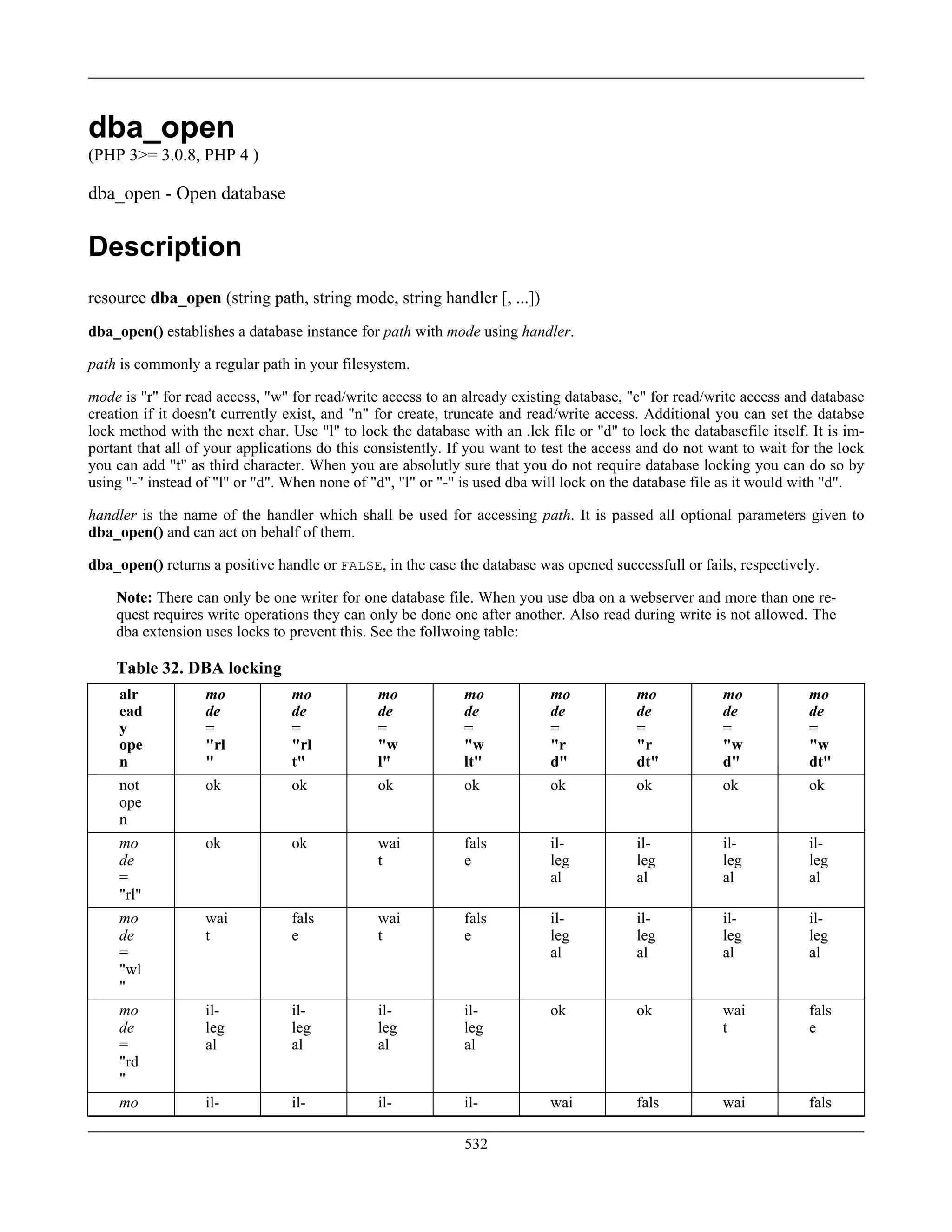 dba_open
(PHP 3>= 3.0.8, PHP 4 )
dba_open - Open database
Description
resource dba_open (string path, string mode, string handler [, ...])
dba_open() establishes a database instance for path with mode using handler.
path is commonly a regular path in your filesystem.
mode is "r" for read access, "w" for read/write access to an already existing database, "c" for read/write access and database
creation if it doesn't currently exist, and "n" for create, truncate and read/write access. Additional you can set the databse
lock method with the next char. Use "l" to lock the database with an .lck file or "d" to lock the databasefile itself. It is im-
portant that all of your applications do this consistently. If you want to test the access and do not want to wait for the lock
you can add "t" as third character. When you are absolutly sure that you do not require database locking you can do so by
using "-" instead of "l" or "d". When none of "d", "l" or "-" is used dba will lock on the database file as it would with "d".
handler is the name of the handler which shall be used for accessing path. It is passed all optional parameters given to
dba_open() and can act on behalf of them.
dba_open() returns a positive handle or FALSE, in the case the database was opened successfull or fails, respectively.
Note: There can only be one writer for one database file. When you use dba on a webserver and more than one re-
quest requires write operations they can only be done one after another. Also read during write is not allowed. The
dba extension uses locks to prevent this. See the follwoing table:
Table 32. DBA locking
alr
ead
y
ope
n
mo
de
=
"rl
"
mo
de
=
"rl
t"
mo
de
=
"w
l"
mo
de
=
"w
lt"
mo
de
=
"r
d"
mo
de
=
"r
dt"
mo
de
=
"w
d"
mo
de
=
"w
dt"
not
ope
n
ok ok ok ok ok ok ok ok
mo
de
=
"rl"
ok ok wai
t
fals
e
il-
leg
al
il-
leg
al
il-
leg
al
il-
leg
al
mo
de
=
"wl
"
wai
t
fals
e
wai
t
fals
e
il-
leg
al
il-
leg
al
il-
leg
al
il-
leg
al
mo
de
=
"rd
"
il-
leg
al
il-
leg
al
il-
leg
al
il-
leg
al
ok ok wai
t
fals
e
mo il- il- il- il- wai fals wai fals
532
 