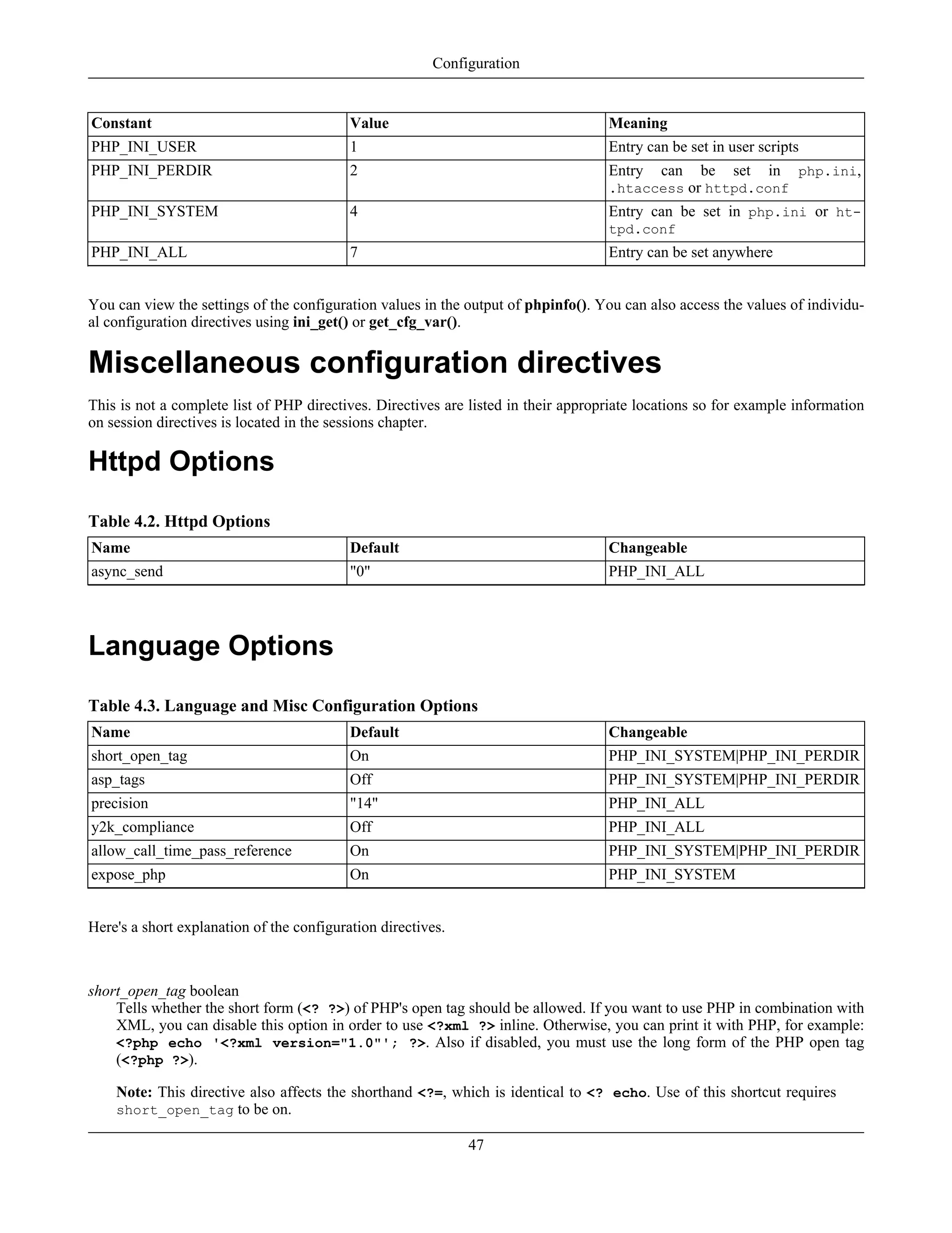 Constant Value Meaning
PHP_INI_USER 1 Entry can be set in user scripts
PHP_INI_PERDIR 2 Entry can be set in php.ini,
.htaccess or httpd.conf
PHP_INI_SYSTEM 4 Entry can be set in php.ini or ht-
tpd.conf
PHP_INI_ALL 7 Entry can be set anywhere
You can view the settings of the configuration values in the output of phpinfo(). You can also access the values of individu-
al configuration directives using ini_get() or get_cfg_var().
Miscellaneous configuration directives
This is not a complete list of PHP directives. Directives are listed in their appropriate locations so for example information
on session directives is located in the sessions chapter.
Httpd Options
Table 4.2. Httpd Options
Name Default Changeable
async_send "0" PHP_INI_ALL
Language Options
Table 4.3. Language and Misc Configuration Options
Name Default Changeable
short_open_tag On PHP_INI_SYSTEM|PHP_INI_PERDIR
asp_tags Off PHP_INI_SYSTEM|PHP_INI_PERDIR
precision "14" PHP_INI_ALL
y2k_compliance Off PHP_INI_ALL
allow_call_time_pass_reference On PHP_INI_SYSTEM|PHP_INI_PERDIR
expose_php On PHP_INI_SYSTEM
Here's a short explanation of the configuration directives.
short_open_tag boolean
Tells whether the short form (<? ?>) of PHP's open tag should be allowed. If you want to use PHP in combination with
XML, you can disable this option in order to use <?xml ?> inline. Otherwise, you can print it with PHP, for example:
<?php echo '<?xml version="1.0"'; ?>. Also if disabled, you must use the long form of the PHP open tag
(<?php ?>).
Note: This directive also affects the shorthand <?=, which is identical to <? echo. Use of this shortcut requires
short_open_tag to be on.
Configuration
47
 