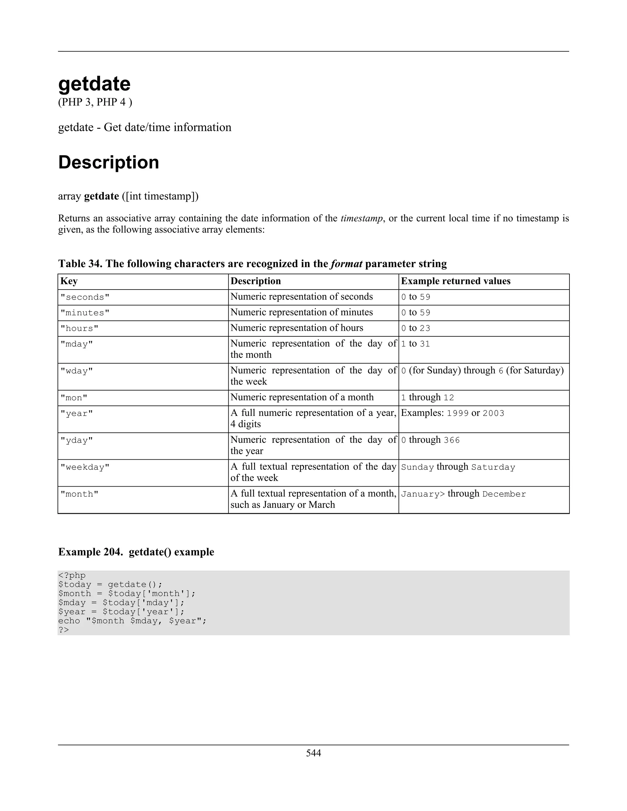 getdate
(PHP 3, PHP 4 )
getdate - Get date/time information
Description
array getdate ([int timestamp])
Returns an associative array containing the date information of the timestamp, or the current local time if no timestamp is
given, as the following associative array elements:
Table 34. The following characters are recognized in the format parameter string
Key Description Example returned values
"seconds" Numeric representation of seconds 0 to 59
"minutes" Numeric representation of minutes 0 to 59
"hours" Numeric representation of hours 0 to 23
"mday" Numeric representation of the day of
the month
1 to 31
"wday" Numeric representation of the day of
the week
0 (for Sunday) through 6 (for Saturday)
"mon" Numeric representation of a month 1 through 12
"year" A full numeric representation of a year,
4 digits
Examples: 1999 or 2003
"yday" Numeric representation of the day of
the year
0 through 366
"weekday" A full textual representation of the day
of the week
Sunday through Saturday
"month" A full textual representation of a month,
such as January or March
January> through December
Example 204. getdate() example
<?php
$today = getdate();
$month = $today['month'];
$mday = $today['mday'];
$year = $today['year'];
echo "$month $mday, $year";
?>
544
 