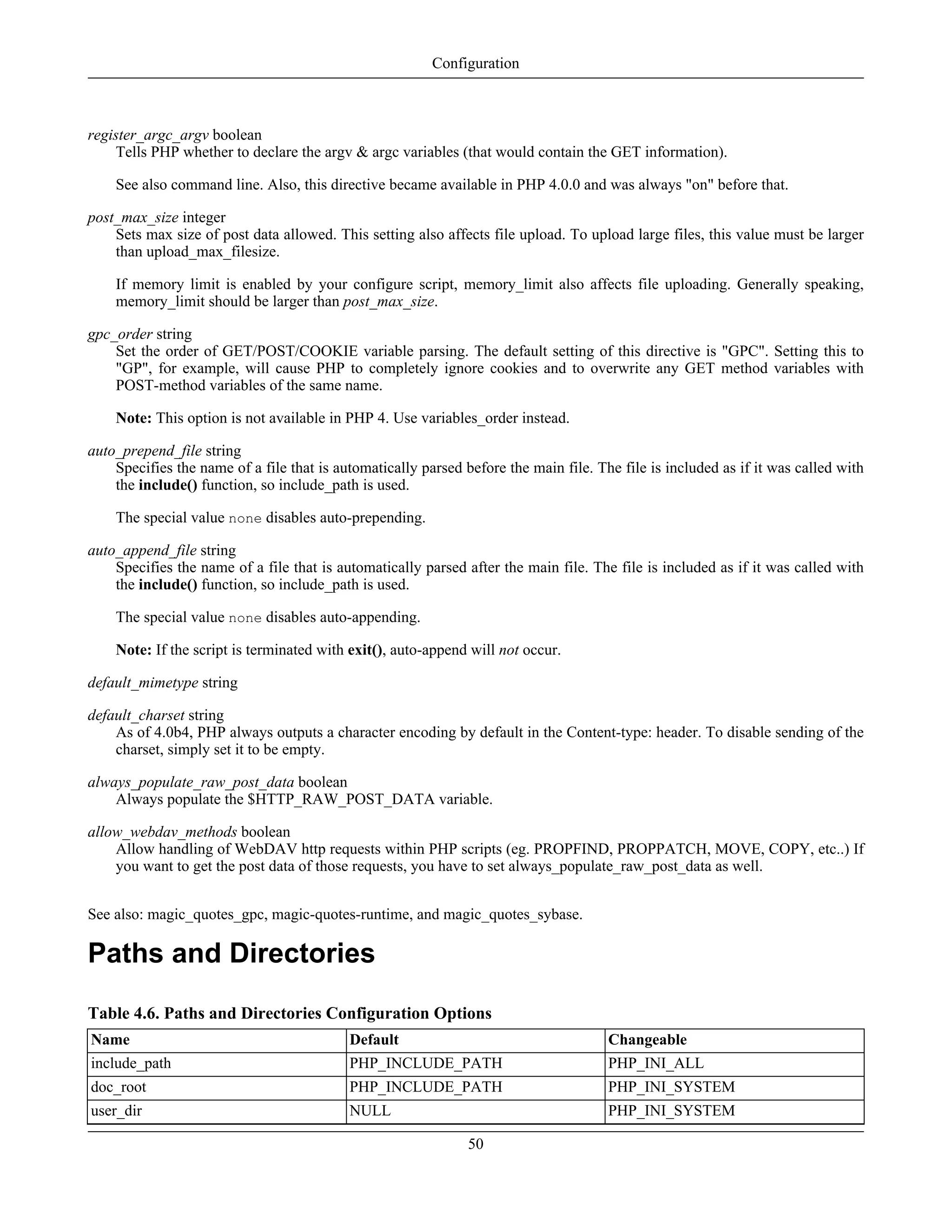 register_argc_argv boolean
Tells PHP whether to declare the argv & argc variables (that would contain the GET information).
See also command line. Also, this directive became available in PHP 4.0.0 and was always "on" before that.
post_max_size integer
Sets max size of post data allowed. This setting also affects file upload. To upload large files, this value must be larger
than upload_max_filesize.
If memory limit is enabled by your configure script, memory_limit also affects file uploading. Generally speaking,
memory_limit should be larger than post_max_size.
gpc_order string
Set the order of GET/POST/COOKIE variable parsing. The default setting of this directive is "GPC". Setting this to
"GP", for example, will cause PHP to completely ignore cookies and to overwrite any GET method variables with
POST-method variables of the same name.
Note: This option is not available in PHP 4. Use variables_order instead.
auto_prepend_file string
Specifies the name of a file that is automatically parsed before the main file. The file is included as if it was called with
the include() function, so include_path is used.
The special value none disables auto-prepending.
auto_append_file string
Specifies the name of a file that is automatically parsed after the main file. The file is included as if it was called with
the include() function, so include_path is used.
The special value none disables auto-appending.
Note: If the script is terminated with exit(), auto-append will not occur.
default_mimetype string
default_charset string
As of 4.0b4, PHP always outputs a character encoding by default in the Content-type: header. To disable sending of the
charset, simply set it to be empty.
always_populate_raw_post_data boolean
Always populate the $HTTP_RAW_POST_DATA variable.
allow_webdav_methods boolean
Allow handling of WebDAV http requests within PHP scripts (eg. PROPFIND, PROPPATCH, MOVE, COPY, etc..) If
you want to get the post data of those requests, you have to set always_populate_raw_post_data as well.
See also: magic_quotes_gpc, magic-quotes-runtime, and magic_quotes_sybase.
Paths and Directories
Table 4.6. Paths and Directories Configuration Options
Name Default Changeable
include_path PHP_INCLUDE_PATH PHP_INI_ALL
doc_root PHP_INCLUDE_PATH PHP_INI_SYSTEM
user_dir NULL PHP_INI_SYSTEM
Configuration
50
 