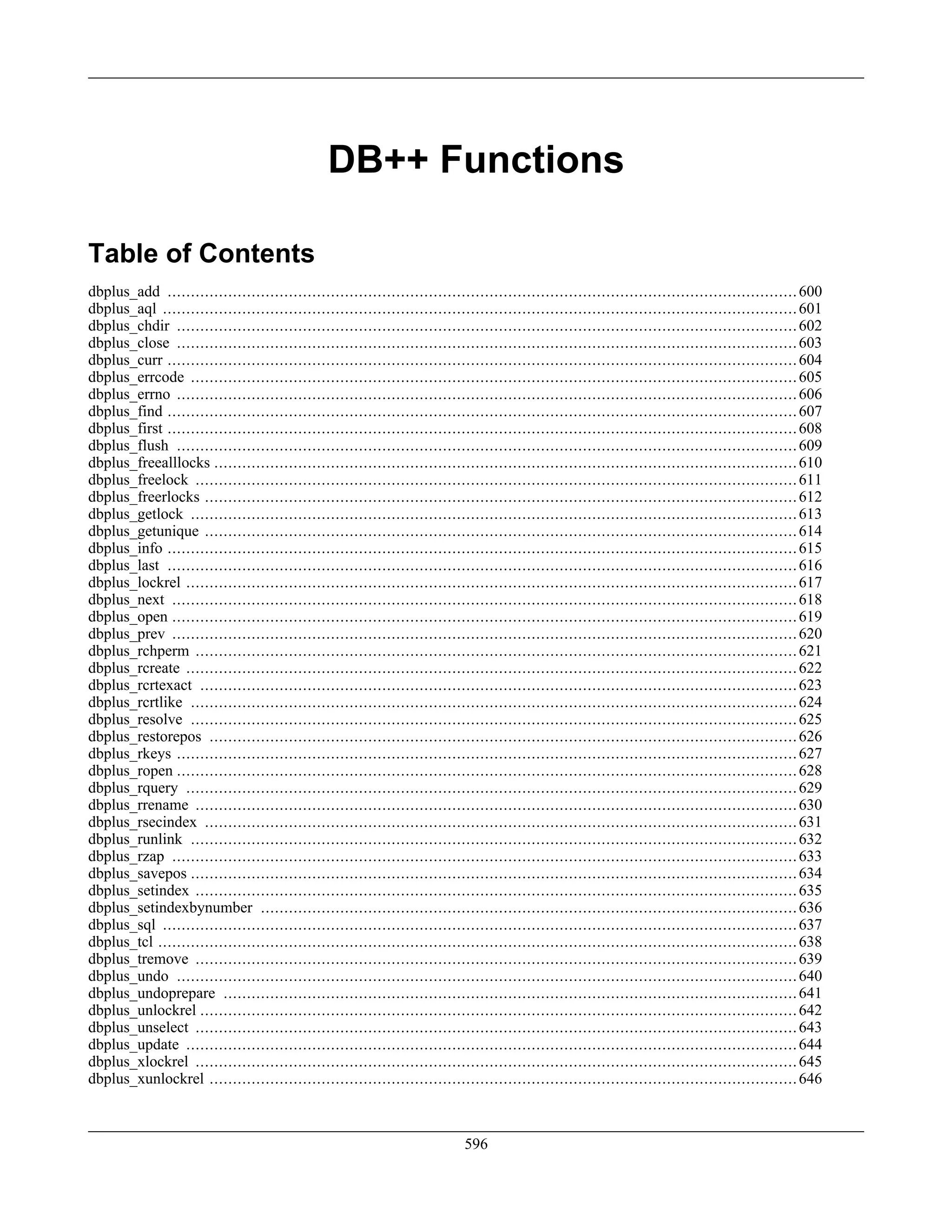 DB++ Functions
Table of Contents
dbplus_add .......................................................................................................................................600
dbplus_aql ........................................................................................................................................601
dbplus_chdir .....................................................................................................................................602
dbplus_close .....................................................................................................................................603
dbplus_curr .......................................................................................................................................604
dbplus_errcode ..................................................................................................................................605
dbplus_errno .....................................................................................................................................606
dbplus_find .......................................................................................................................................607
dbplus_first .......................................................................................................................................608
dbplus_flush .....................................................................................................................................609
dbplus_freealllocks .............................................................................................................................610
dbplus_freelock .................................................................................................................................611
dbplus_freerlocks ...............................................................................................................................612
dbplus_getlock ..................................................................................................................................613
dbplus_getunique ...............................................................................................................................614
dbplus_info .......................................................................................................................................615
dbplus_last .......................................................................................................................................616
dbplus_lockrel ...................................................................................................................................617
dbplus_next ......................................................................................................................................618
dbplus_open ......................................................................................................................................619
dbplus_prev ......................................................................................................................................620
dbplus_rchperm .................................................................................................................................621
dbplus_rcreate ...................................................................................................................................622
dbplus_rcrtexact ................................................................................................................................623
dbplus_rcrtlike ..................................................................................................................................624
dbplus_resolve ..................................................................................................................................625
dbplus_restorepos ..............................................................................................................................626
dbplus_rkeys .....................................................................................................................................627
dbplus_ropen .....................................................................................................................................628
dbplus_rquery ...................................................................................................................................629
dbplus_rrename .................................................................................................................................630
dbplus_rsecindex ...............................................................................................................................631
dbplus_runlink ..................................................................................................................................632
dbplus_rzap ......................................................................................................................................633
dbplus_savepos ..................................................................................................................................634
dbplus_setindex .................................................................................................................................635
dbplus_setindexbynumber ...................................................................................................................636
dbplus_sql ........................................................................................................................................637
dbplus_tcl .........................................................................................................................................638
dbplus_tremove .................................................................................................................................639
dbplus_undo .....................................................................................................................................640
dbplus_undoprepare ...........................................................................................................................641
dbplus_unlockrel ................................................................................................................................642
dbplus_unselect .................................................................................................................................643
dbplus_update ...................................................................................................................................644
dbplus_xlockrel .................................................................................................................................645
dbplus_xunlockrel ..............................................................................................................................646
596
 