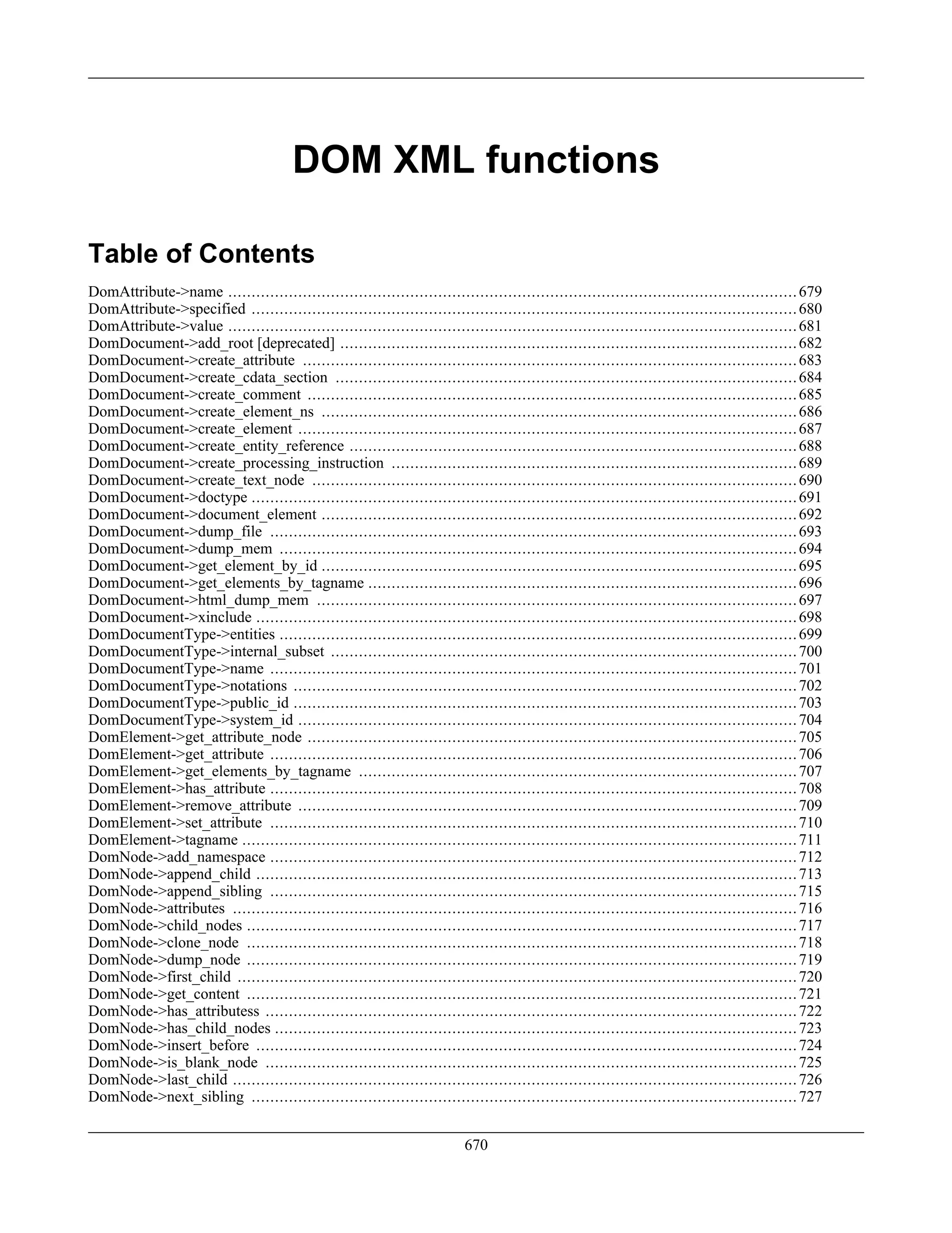DOM XML functions
Table of Contents
DomAttribute->name ..........................................................................................................................679
DomAttribute->specified .....................................................................................................................680
DomAttribute->value ..........................................................................................................................681
DomDocument->add_root [deprecated] ..................................................................................................682
DomDocument->create_attribute ..........................................................................................................683
DomDocument->create_cdata_section ...................................................................................................684
DomDocument->create_comment .........................................................................................................685
DomDocument->create_element_ns ......................................................................................................686
DomDocument->create_element ...........................................................................................................687
DomDocument->create_entity_reference ................................................................................................688
DomDocument->create_processing_instruction .......................................................................................689
DomDocument->create_text_node ........................................................................................................690
DomDocument->doctype .....................................................................................................................691
DomDocument->document_element ......................................................................................................692
DomDocument->dump_file .................................................................................................................693
DomDocument->dump_mem ...............................................................................................................694
DomDocument->get_element_by_id ......................................................................................................695
DomDocument->get_elements_by_tagname ............................................................................................696
DomDocument->html_dump_mem .......................................................................................................697
DomDocument->xinclude ....................................................................................................................698
DomDocumentType->entities ...............................................................................................................699
DomDocumentType->internal_subset ....................................................................................................700
DomDocumentType->name .................................................................................................................701
DomDocumentType->notations ............................................................................................................702
DomDocumentType->public_id ............................................................................................................703
DomDocumentType->system_id ...........................................................................................................704
DomElement->get_attribute_node .........................................................................................................705
DomElement->get_attribute .................................................................................................................706
DomElement->get_elements_by_tagname ..............................................................................................707
DomElement->has_attribute .................................................................................................................708
DomElement->remove_attribute ...........................................................................................................709
DomElement->set_attribute .................................................................................................................710
DomElement->tagname .......................................................................................................................711
DomNode->add_namespace .................................................................................................................712
DomNode->append_child ....................................................................................................................713
DomNode->append_sibling .................................................................................................................715
DomNode->attributes .........................................................................................................................716
DomNode->child_nodes ......................................................................................................................717
DomNode->clone_node ......................................................................................................................718
DomNode->dump_node ......................................................................................................................719
DomNode->first_child ........................................................................................................................720
DomNode->get_content ......................................................................................................................721
DomNode->has_attributess ..................................................................................................................722
DomNode->has_child_nodes ................................................................................................................723
DomNode->insert_before ....................................................................................................................724
DomNode->is_blank_node ..................................................................................................................725
DomNode->last_child .........................................................................................................................726
DomNode->next_sibling .....................................................................................................................727
670
 