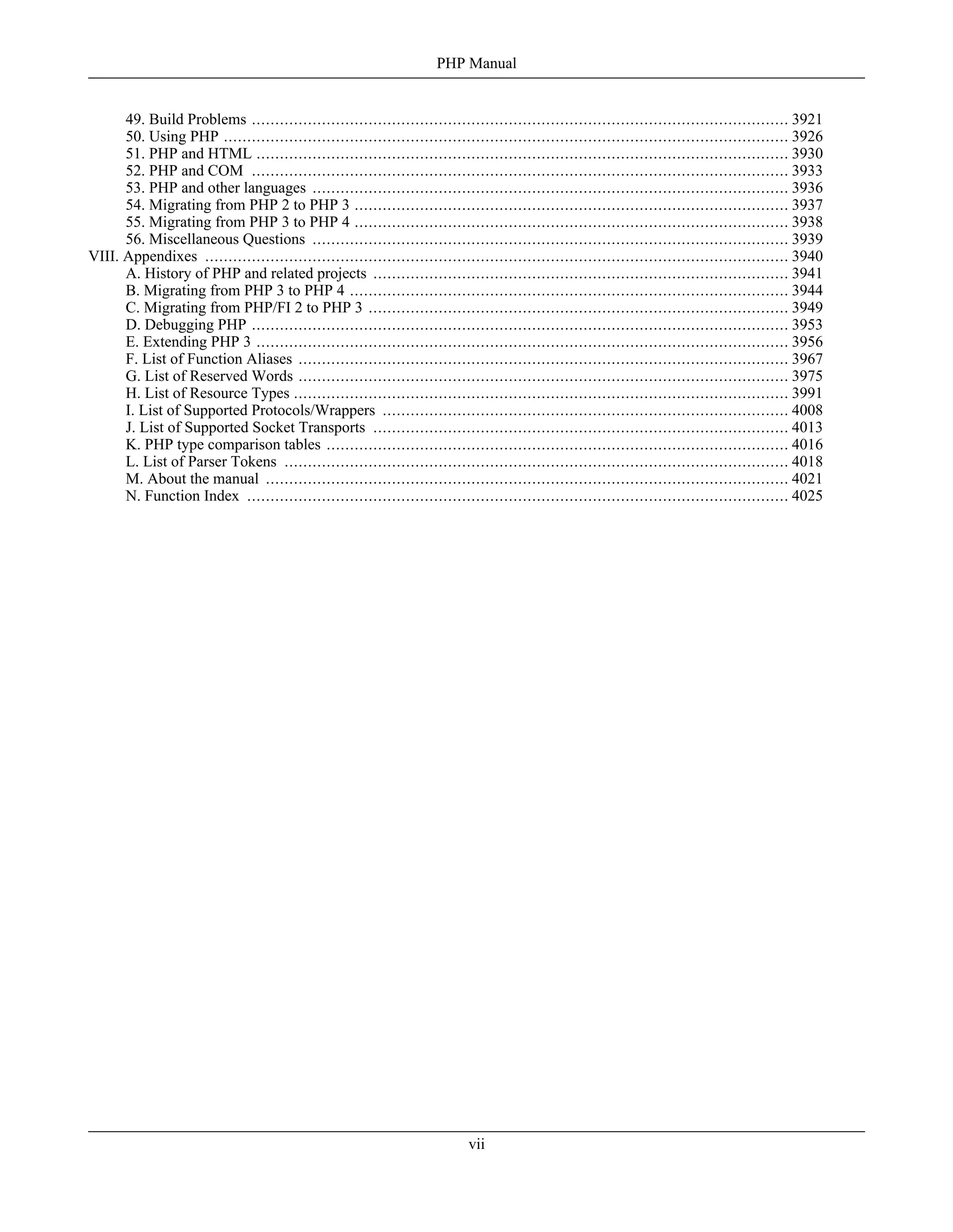 49. Build Problems ................................................................................................................... 3921
50. Using PHP ......................................................................................................................... 3926
51. PHP and HTML .................................................................................................................. 3930
52. PHP and COM ................................................................................................................... 3933
53. PHP and other languages ...................................................................................................... 3936
54. Migrating from PHP 2 to PHP 3 ............................................................................................. 3937
55. Migrating from PHP 3 to PHP 4 ............................................................................................. 3938
56. Miscellaneous Questions ...................................................................................................... 3939
VIII. Appendixes ............................................................................................................................. 3940
A. History of PHP and related projects ......................................................................................... 3941
B. Migrating from PHP 3 to PHP 4 .............................................................................................. 3944
C. Migrating from PHP/FI 2 to PHP 3 .......................................................................................... 3949
D. Debugging PHP ................................................................................................................... 3953
E. Extending PHP 3 .................................................................................................................. 3956
F. List of Function Aliases ......................................................................................................... 3967
G. List of Reserved Words ......................................................................................................... 3975
H. List of Resource Types .......................................................................................................... 3991
I. List of Supported Protocols/Wrappers ....................................................................................... 4008
J. List of Supported Socket Transports ......................................................................................... 4013
K. PHP type comparison tables ................................................................................................... 4016
L. List of Parser Tokens ............................................................................................................ 4018
M. About the manual ................................................................................................................ 4021
N. Function Index .................................................................................................................... 4025
PHP Manual
vii
 