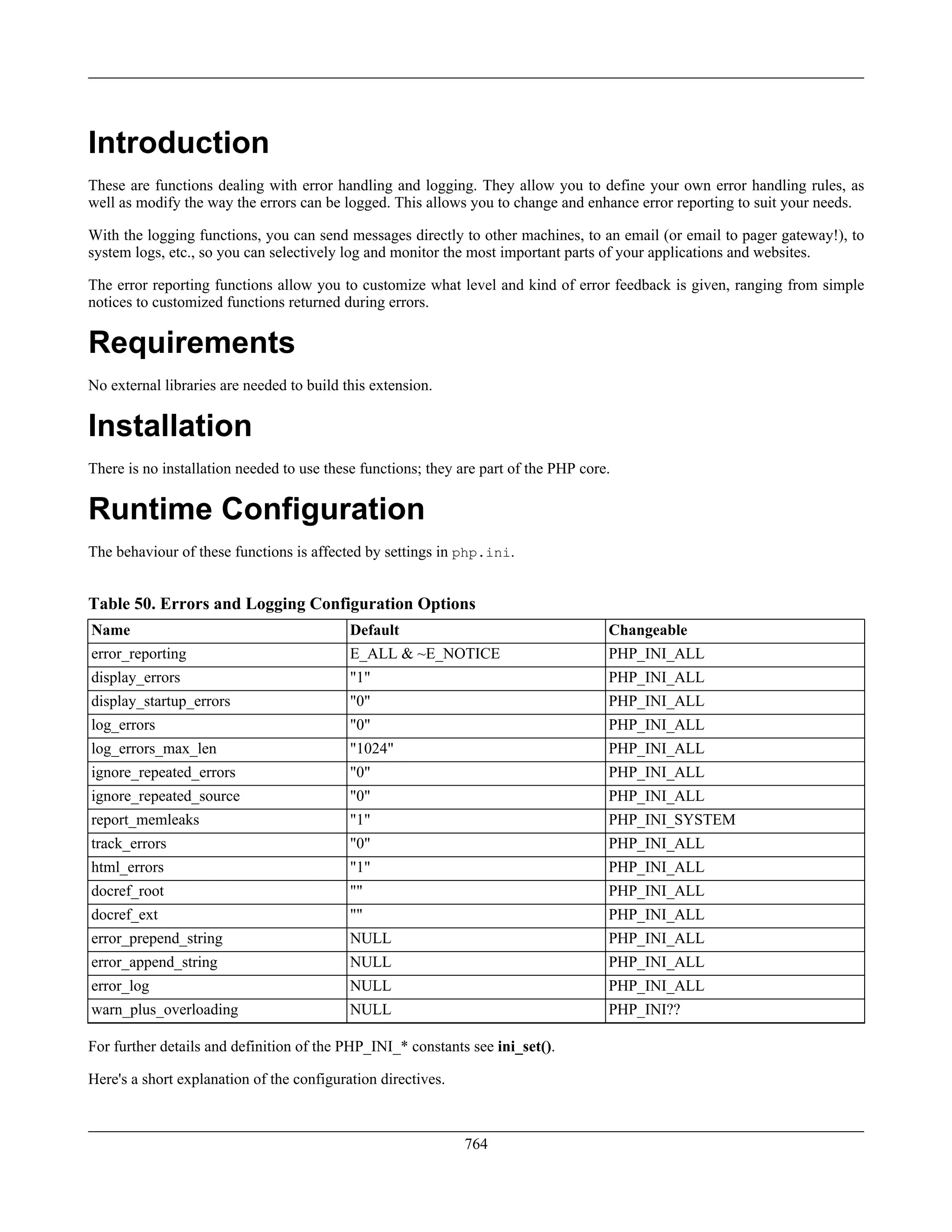 Introduction
These are functions dealing with error handling and logging. They allow you to define your own error handling rules, as
well as modify the way the errors can be logged. This allows you to change and enhance error reporting to suit your needs.
With the logging functions, you can send messages directly to other machines, to an email (or email to pager gateway!), to
system logs, etc., so you can selectively log and monitor the most important parts of your applications and websites.
The error reporting functions allow you to customize what level and kind of error feedback is given, ranging from simple
notices to customized functions returned during errors.
Requirements
No external libraries are needed to build this extension.
Installation
There is no installation needed to use these functions; they are part of the PHP core.
Runtime Configuration
The behaviour of these functions is affected by settings in php.ini.
Table 50. Errors and Logging Configuration Options
Name Default Changeable
error_reporting E_ALL & ~E_NOTICE PHP_INI_ALL
display_errors "1" PHP_INI_ALL
display_startup_errors "0" PHP_INI_ALL
log_errors "0" PHP_INI_ALL
log_errors_max_len "1024" PHP_INI_ALL
ignore_repeated_errors "0" PHP_INI_ALL
ignore_repeated_source "0" PHP_INI_ALL
report_memleaks "1" PHP_INI_SYSTEM
track_errors "0" PHP_INI_ALL
html_errors "1" PHP_INI_ALL
docref_root "" PHP_INI_ALL
docref_ext "" PHP_INI_ALL
error_prepend_string NULL PHP_INI_ALL
error_append_string NULL PHP_INI_ALL
error_log NULL PHP_INI_ALL
warn_plus_overloading NULL PHP_INI??
For further details and definition of the PHP_INI_* constants see ini_set().
Here's a short explanation of the configuration directives.
764
 