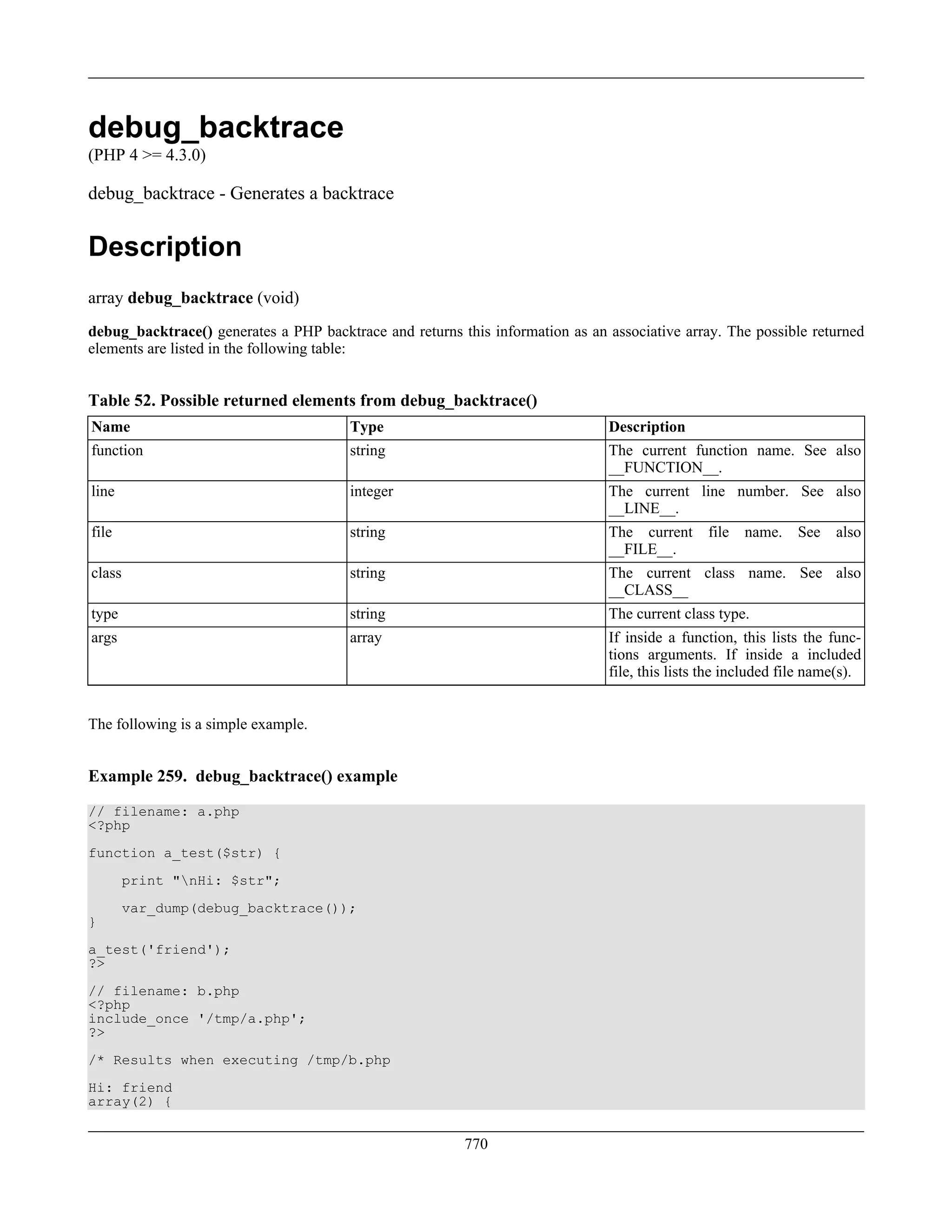 debug_backtrace
(PHP 4 >= 4.3.0)
debug_backtrace - Generates a backtrace
Description
array debug_backtrace (void)
debug_backtrace() generates a PHP backtrace and returns this information as an associative array. The possible returned
elements are listed in the following table:
Table 52. Possible returned elements from debug_backtrace()
Name Type Description
function string The current function name. See also
__FUNCTION__.
line integer The current line number. See also
__LINE__.
file string The current file name. See also
__FILE__.
class string The current class name. See also
__CLASS__
type string The current class type.
args array If inside a function, this lists the func-
tions arguments. If inside a included
file, this lists the included file name(s).
The following is a simple example.
Example 259. debug_backtrace() example
// filename: a.php
<?php
function a_test($str) {
print "nHi: $str";
var_dump(debug_backtrace());
}
a_test('friend');
?>
// filename: b.php
<?php
include_once '/tmp/a.php';
?>
/* Results when executing /tmp/b.php
Hi: friend
array(2) {
770
 