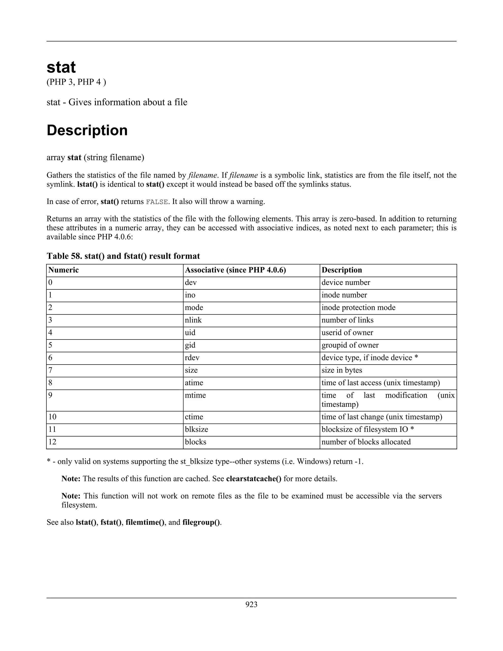 stat
(PHP 3, PHP 4 )
stat - Gives information about a file
Description
array stat (string filename)
Gathers the statistics of the file named by filename. If filename is a symbolic link, statistics are from the file itself, not the
symlink. lstat() is identical to stat() except it would instead be based off the symlinks status.
In case of error, stat() returns FALSE. It also will throw a warning.
Returns an array with the statistics of the file with the following elements. This array is zero-based. In addition to returning
these attributes in a numeric array, they can be accessed with associative indices, as noted next to each parameter; this is
available since PHP 4.0.6:
Table 58. stat() and fstat() result format
Numeric Associative (since PHP 4.0.6) Description
0 dev device number
1 ino inode number
2 mode inode protection mode
3 nlink number of links
4 uid userid of owner
5 gid groupid of owner
6 rdev device type, if inode device *
7 size size in bytes
8 atime time of last access (unix timestamp)
9 mtime time of last modification (unix
timestamp)
10 ctime time of last change (unix timestamp)
11 blksize blocksize of filesystem IO *
12 blocks number of blocks allocated
* - only valid on systems supporting the st_blksize type--other systems (i.e. Windows) return -1.
Note: The results of this function are cached. See clearstatcache() for more details.
Note: This function will not work on remote files as the file to be examined must be accessible via the servers
filesystem.
See also lstat(), fstat(), filemtime(), and filegroup().
923
 