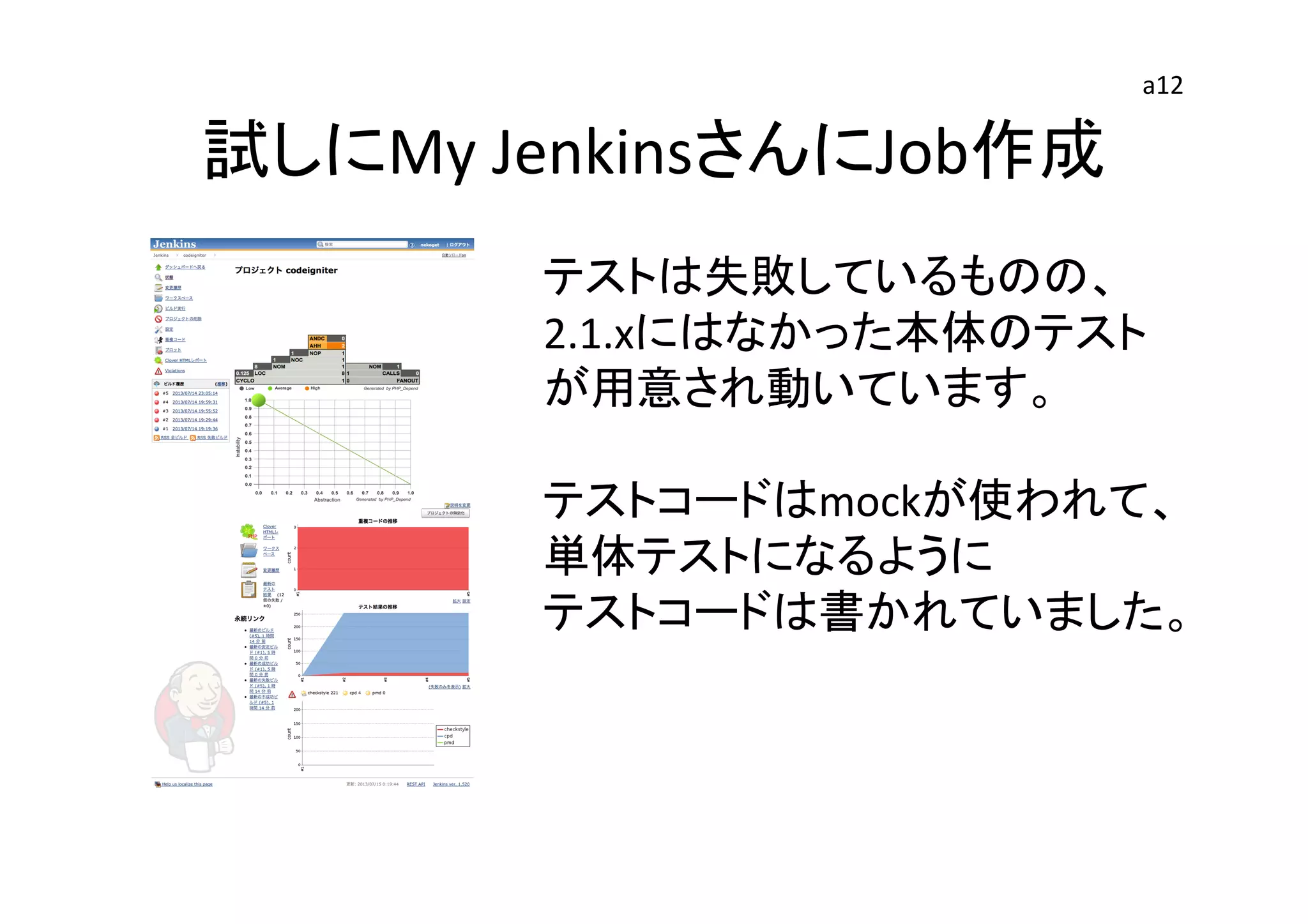 試しにMy	
  JenkinsさんにJob作成	
テストは失敗しているものの、	
  
2.1.xにはなかった本体のテスト	
  
が用意され動いています。	
  
	
  
テストコードはmockが使われて、	
  
単体テストになるように	
  
テストコードは書かれていました。	
  
a12	
 