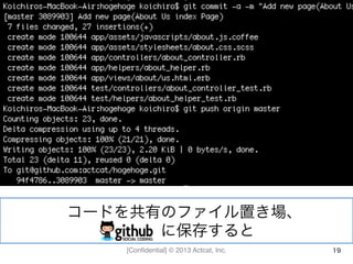 [Conﬁdential] © 2013 Actcat, Inc. 19
コードを共有のファイル置き場、	
  
GitHub に保存すると	
  
 