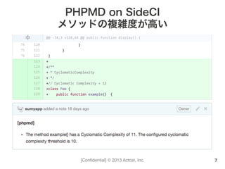 [Conﬁdential] © 2013 Actcat, Inc.
PHPMD on SideCI
メソッドの複雑度が高い
7
 