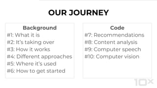 Background
#1: What it is
#2: It’s taking over
#3: How it works
#4: Different approaches
#5: Where it’s used
#6: How to get started
OUR JOURNEY
Code
#7: Recommendations
#8: Content analysis
#9: Computer speech
#10: Computer vision
 