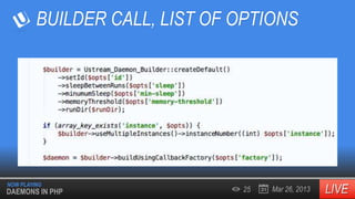 BUILDER CALL, LIST OF OPTIONS

NOW PLAYING

DAEMONS IN PHP

25

Mar 26, 2013

 
