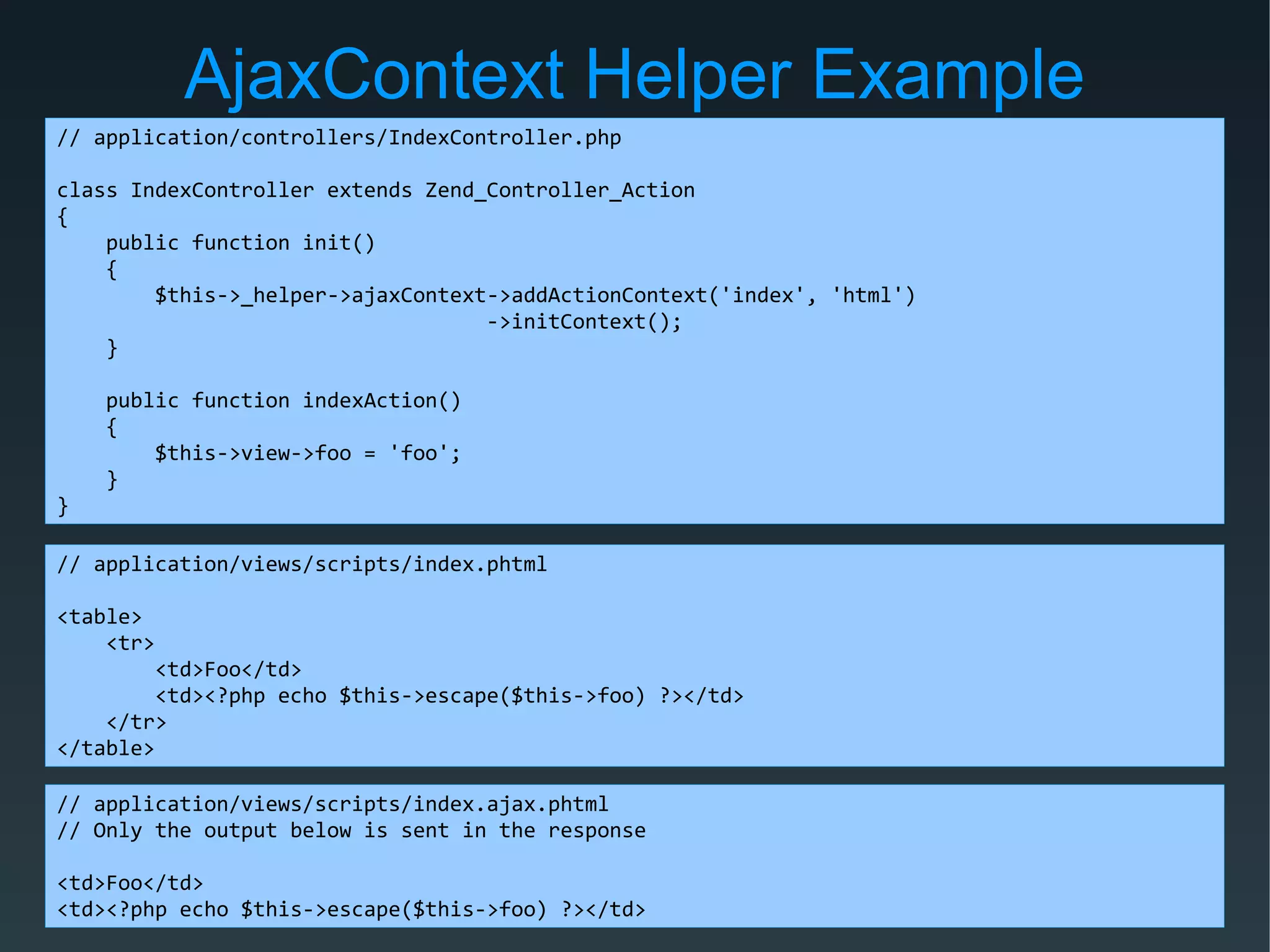 AjaxContext Helper Example
// application/controllers/IndexController.php
class IndexController extends Zend_Controller_Action
{
public function init()
{
$this->_helper->ajaxContext->addActionContext('index', 'html')
->initContext();
}
public function indexAction()
{
$this->view->foo = 'foo';
}
}
// application/views/scripts/index.phtml
<table>
<tr>
<td>Foo</td>
<td><?php echo $this->escape($this->foo) ?></td>
</tr>
</table>
// application/views/scripts/index.ajax.phtml
// Only the output below is sent in the response
<td>Foo</td>
<td><?php echo $this->escape($this->foo) ?></td>
 