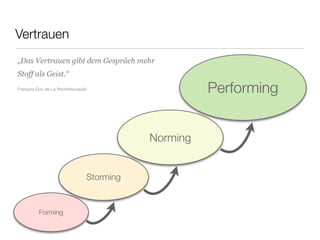 Vertrauen
Forming
Storming
Norming
Performing
„Das Vertrauen gibt dem Gespräch mehr
Stoff als Geist.“
François Duc de La Rochefoucauld
 