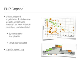 PHP Depend
• Ein an JDepend
angelehntes Tool das eine
Vielzahl an Software-
Metriken für PHP Projekte
berechnet und visualisiert
• Zyklomatische
Komplexität
• NPath-Komplexität
• http://pdepend.org
 