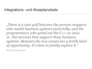 Integrations- und Akzeptanztests
„There is a vast gulf between the process mappers
who model business systems pictorially, and the
programmers who grind out the C++ or Java
or .Net services that support those business
systems. Between the two camps lies a fertile land
of opportunity. It's time to jointly explore it.“
Ward Cunningham
 