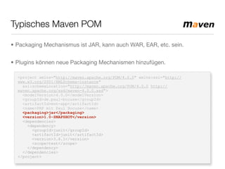 Typisches Maven POM
<project xmlns="http://maven.apache.org/POM/4.0.0" xmlns:xsi="http://
www.w3.org/2001/XMLSchema-instance"
xsi:schemaLocation="http://maven.apache.org/POM/4.0.0 http://
maven.apache.org/xsd/maven-4.0.0.xsd">
<modelVersion>4.0.0</modelVersion>
<groupId>de.paul-bocuse</groupId>
<artifactId>mvn-app</artifactId>
<name>PHP mit Paul Bocuse</name>
<packaging>jar</packaging>
<version>1.0-SNAPSHOT</version>
<dependencies>
<dependency>
<groupId>junit</groupId>
<artifactId>junit</artifactId>
<version>3.8.1</version>
<scope>test</scope>
</dependency>
</dependencies>
</project>
• Packaging Mechanismus ist JAR, kann auch WAR, EAR, etc. sein.
• Plugins können neue Packaging Mechanismen hinzufügen.
 