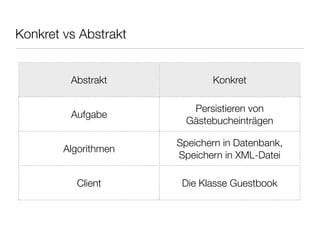 Konkret vs Abstrakt
Abstrakt Konkret
Aufgabe
Persistieren von
Gästebucheinträgen
Algorithmen
Speichern in Datenbank,
Speichern in XML-Datei
Client Die Klasse Guestbook
 