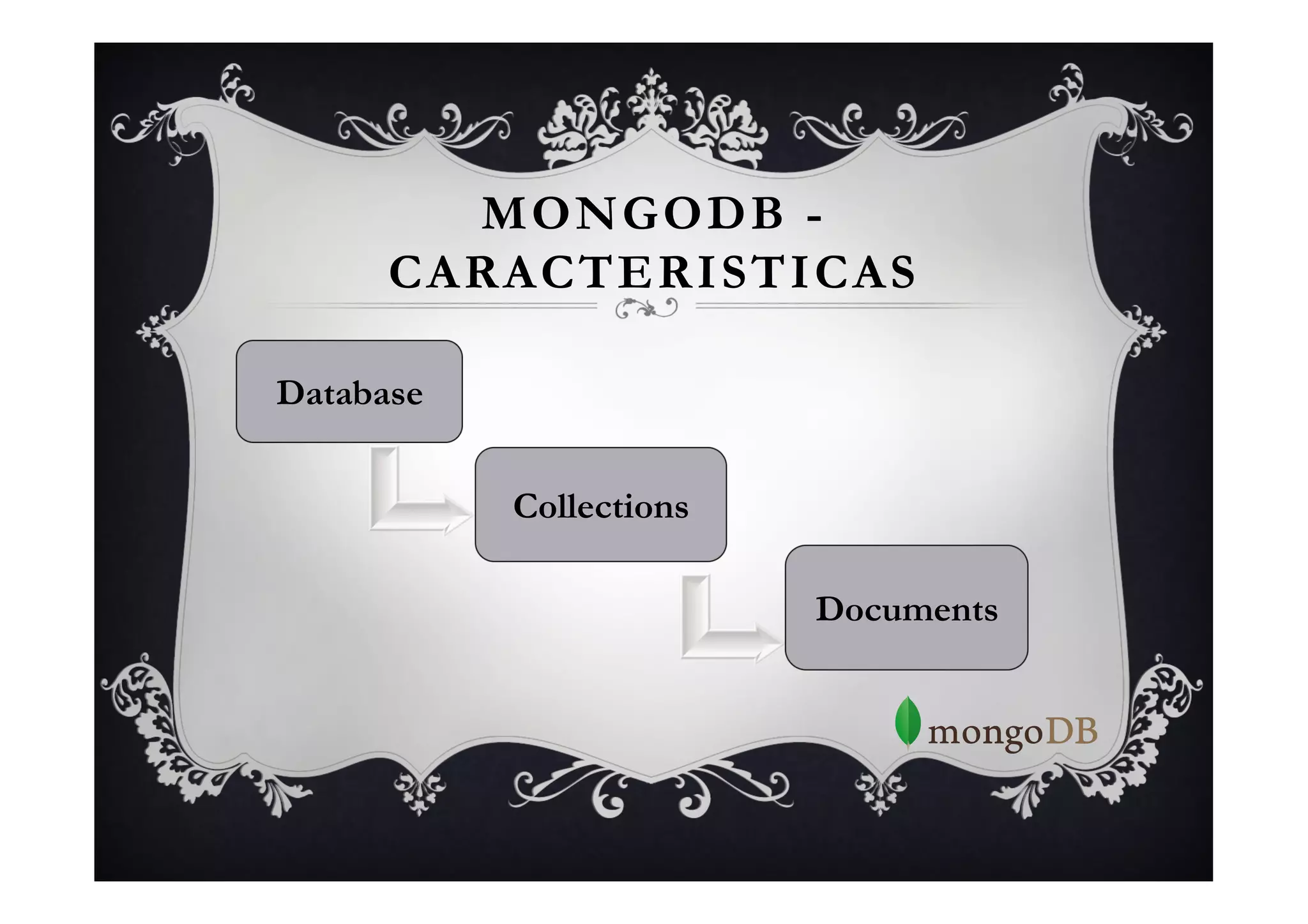 MONGODB -
      CARACTERISTICAS

Database


           Collections

                         Documents
 